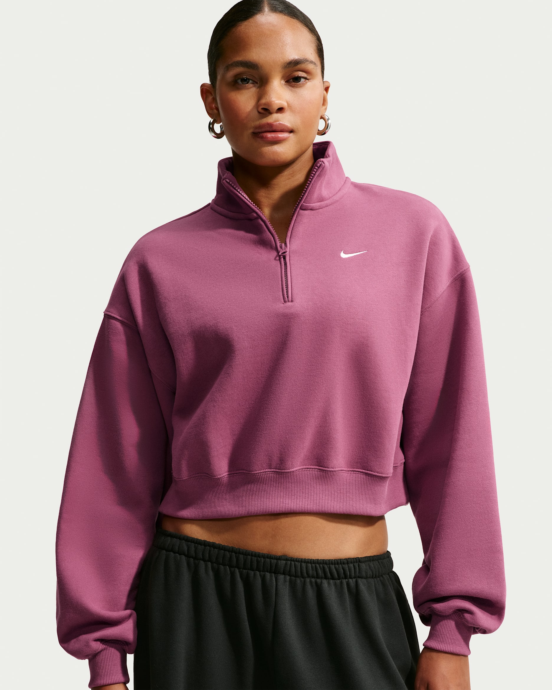 Nike Studio Fleece Medium Weight Women's Oversized 1/4-Zip Cropped Top - Pink Smoke/Sail