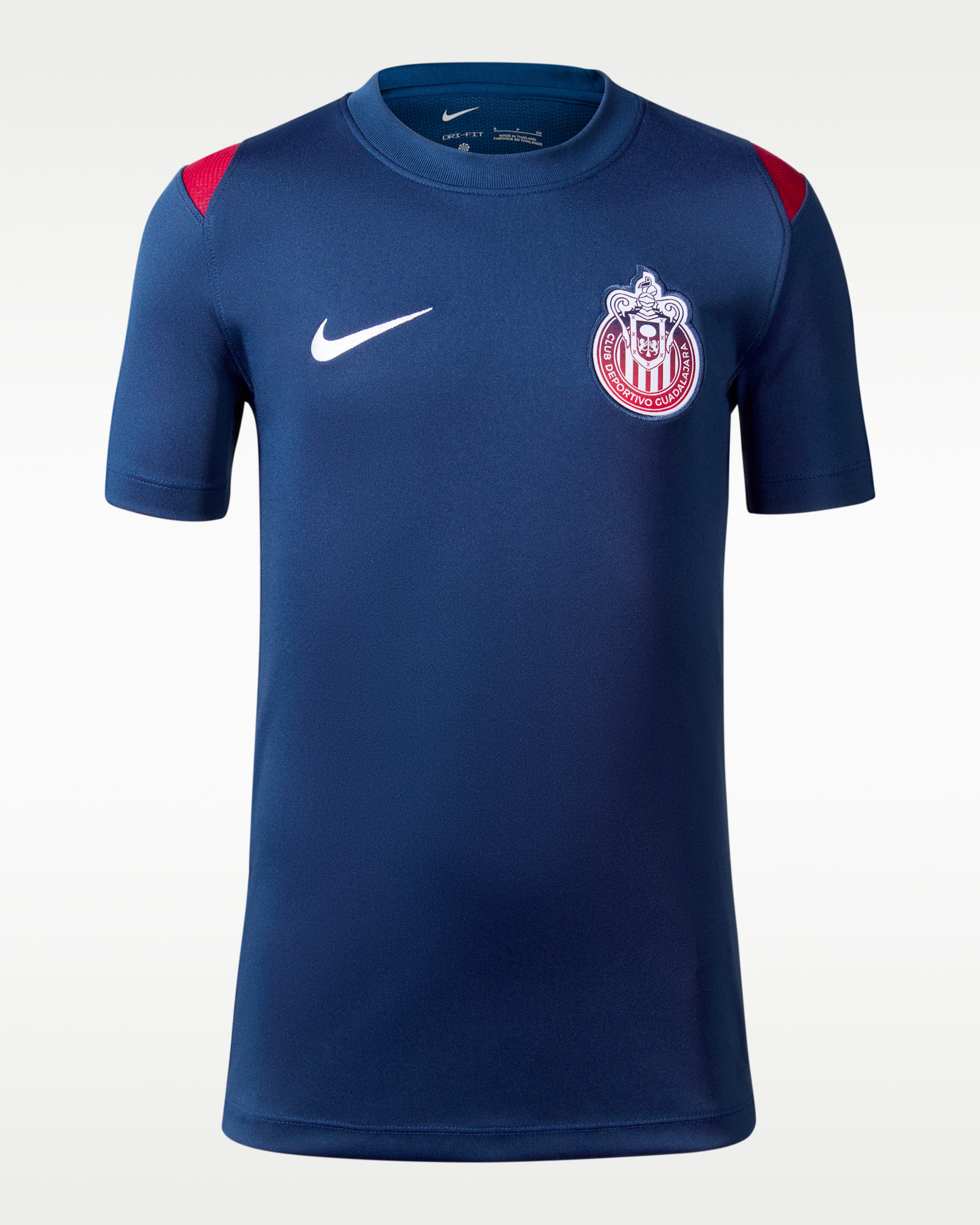 Playera de futbol de manga corta Nike de tejido Knit Dri-FIT para niños talla grande C.D. Guadalajara Academy Pro - Azul valiente/Rojo gimnasio/Blanco