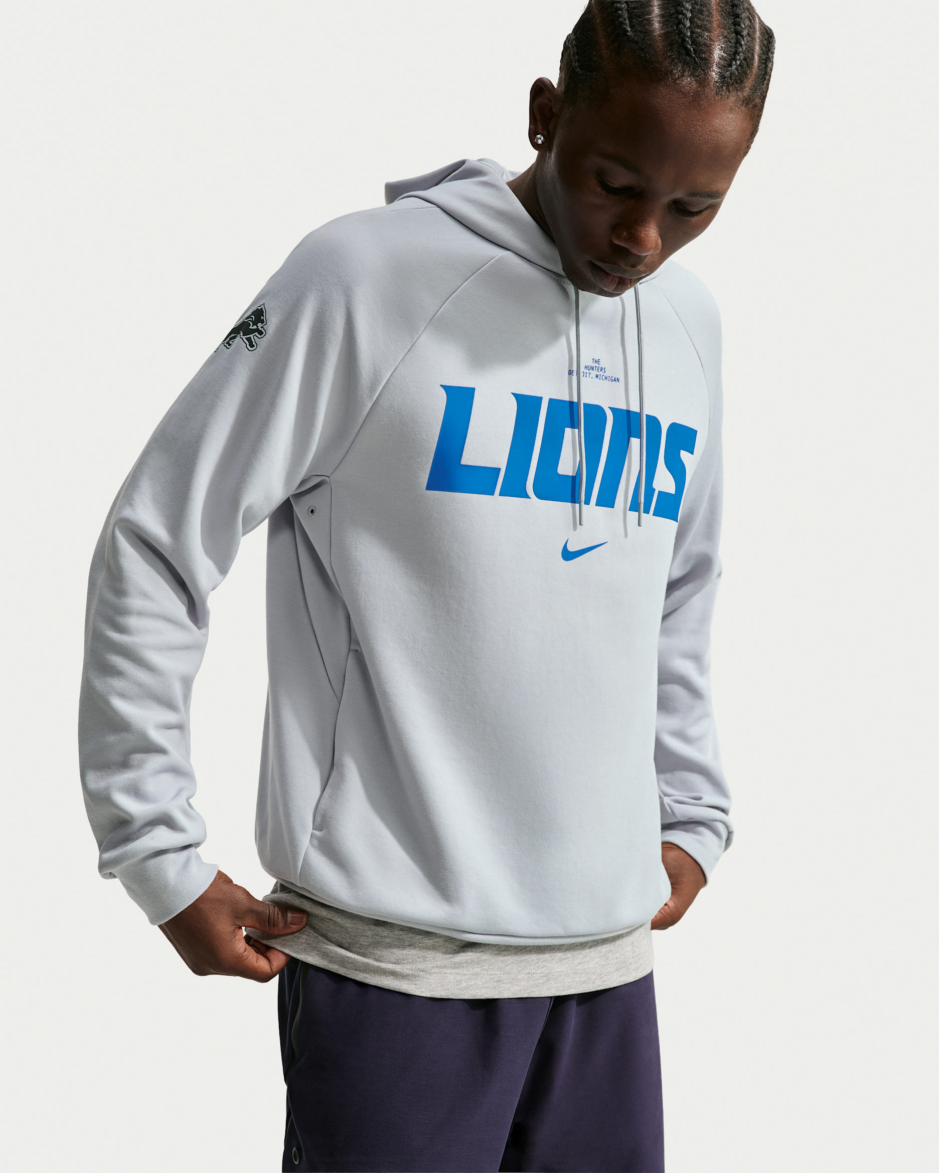 Sudadera con gorro sin cierre Nike Dri-FIT de la NFL para hombre Detroit Lions Rivalries Collection Primary - Plata