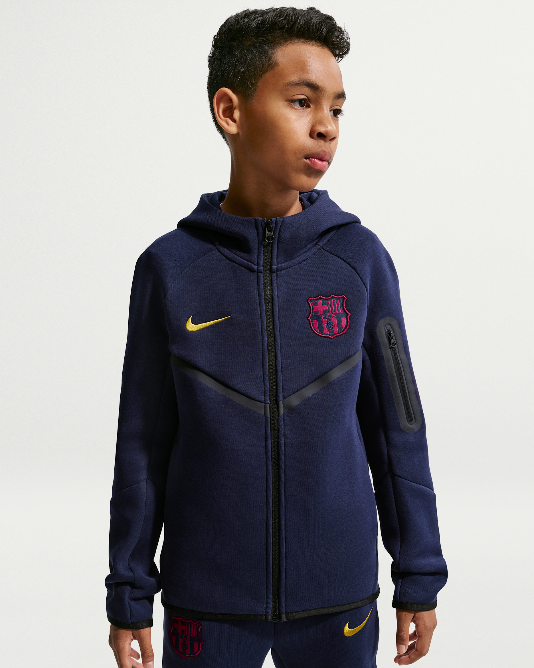 FC Barcelona Tech Fleece Big Kids' (Boys') Nike Soccer Full-Zip Hoodie - Blackened Blue/Mineral Yellow
