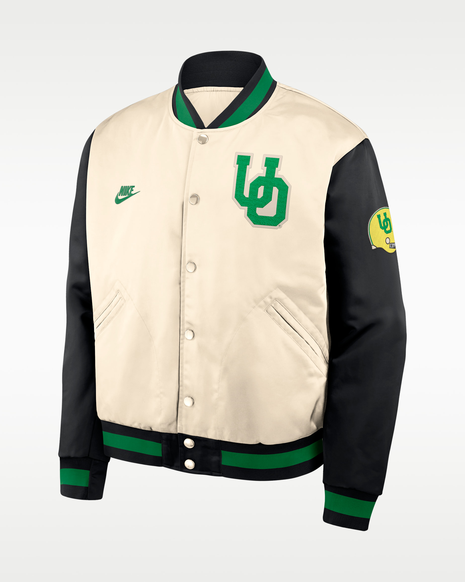 Oregon Legacy Men's Nike College Full-Snap Bomber Jacket - Natural/Apple Green