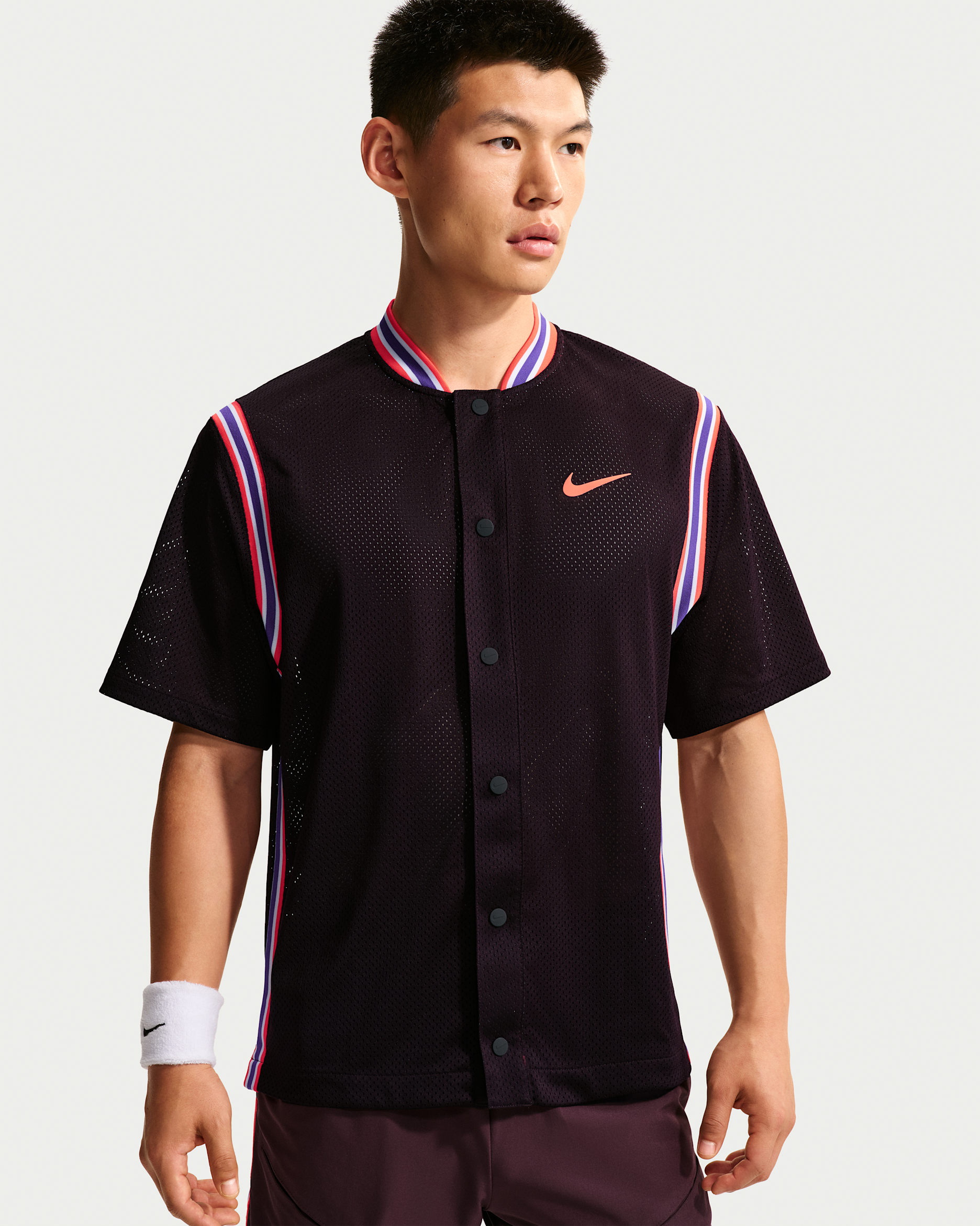 NikeCourt Slam Men's Dri-FIT Button-Up Tennis Top - Burgundy Ash/Bright Crimson