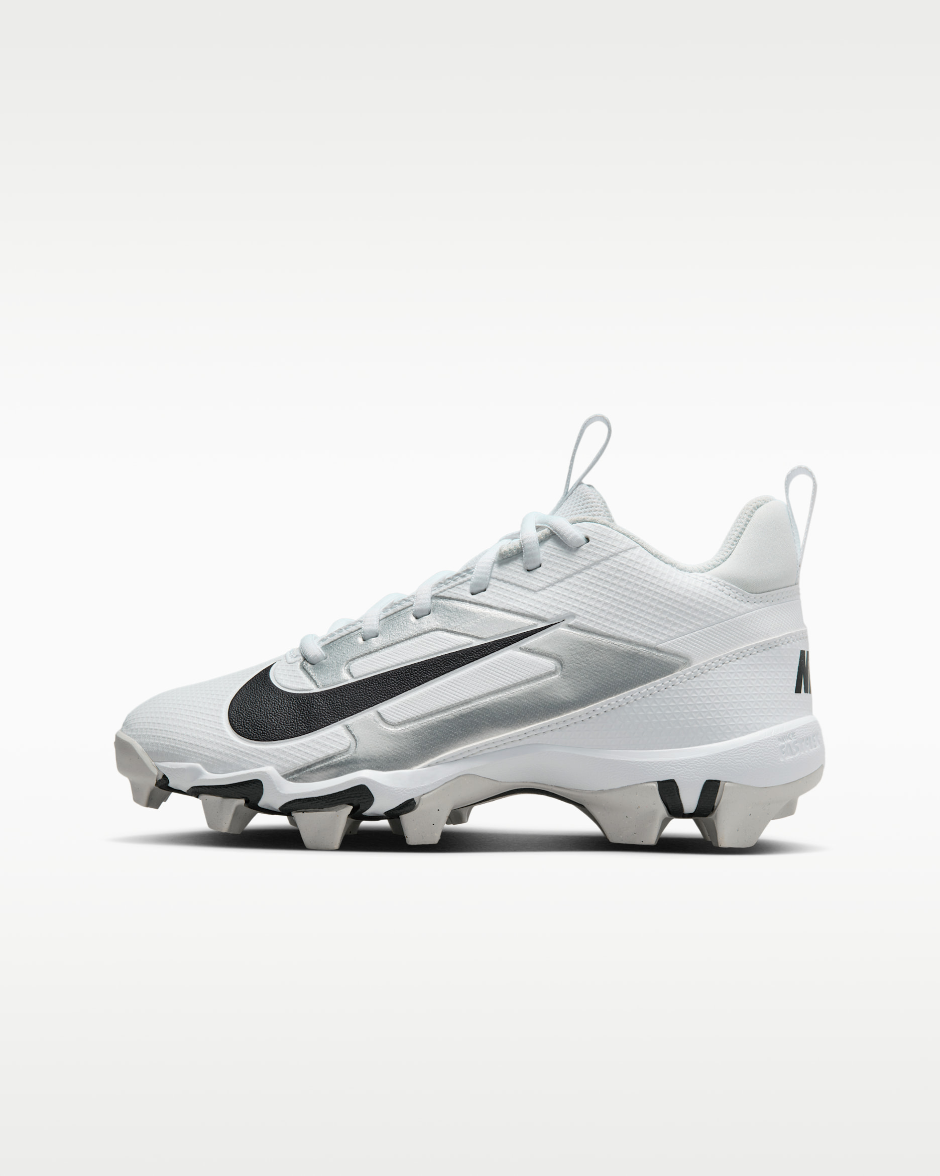 Tacos de fútbol para niños grandes Nike Alpha Menace 4 Shark - Blanco/Plata metalizado/Polvo fotón/Negro