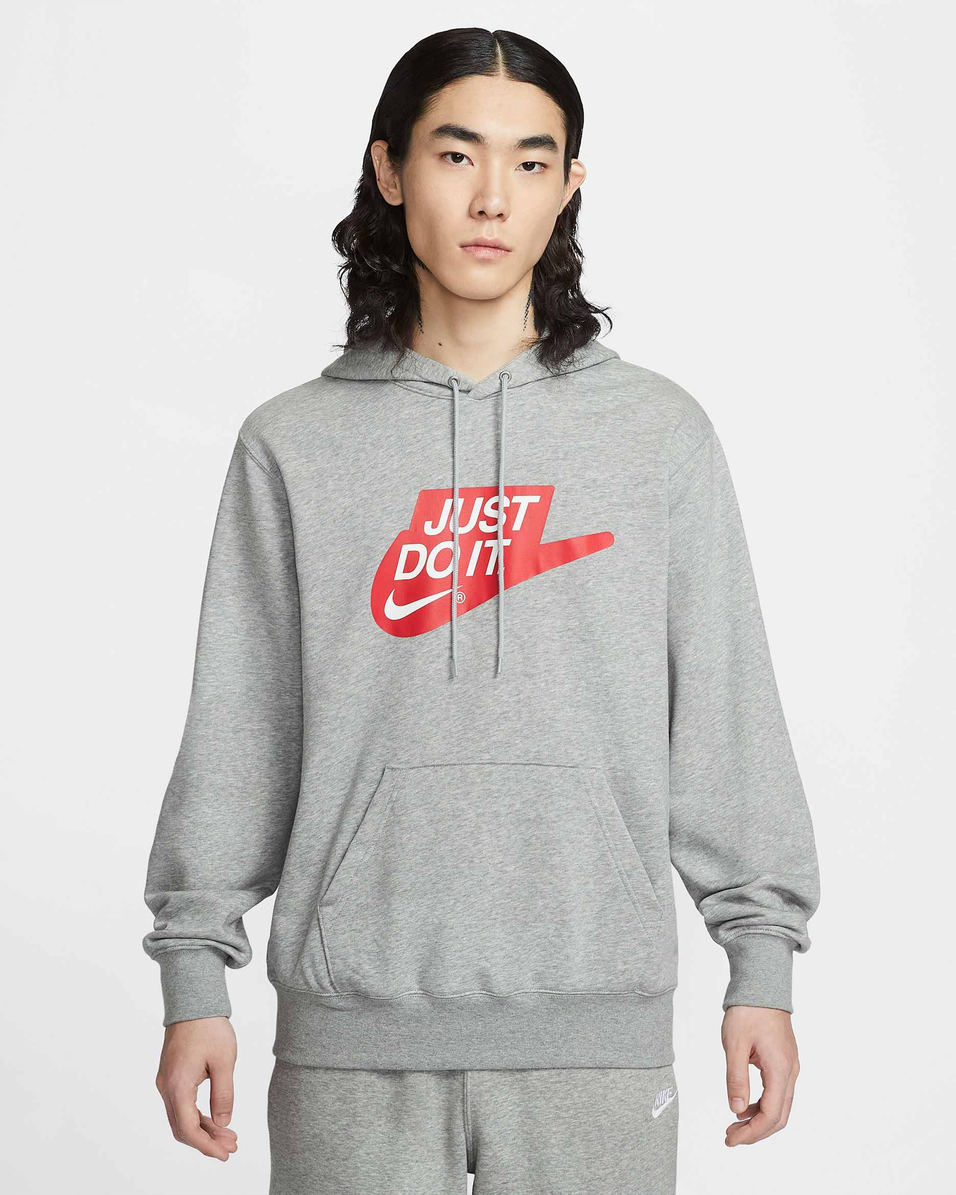 Nike Sportswear Club Men's French Terry Pullover Hoodie - Dark Grey Heather/Light Smoke Grey/White
