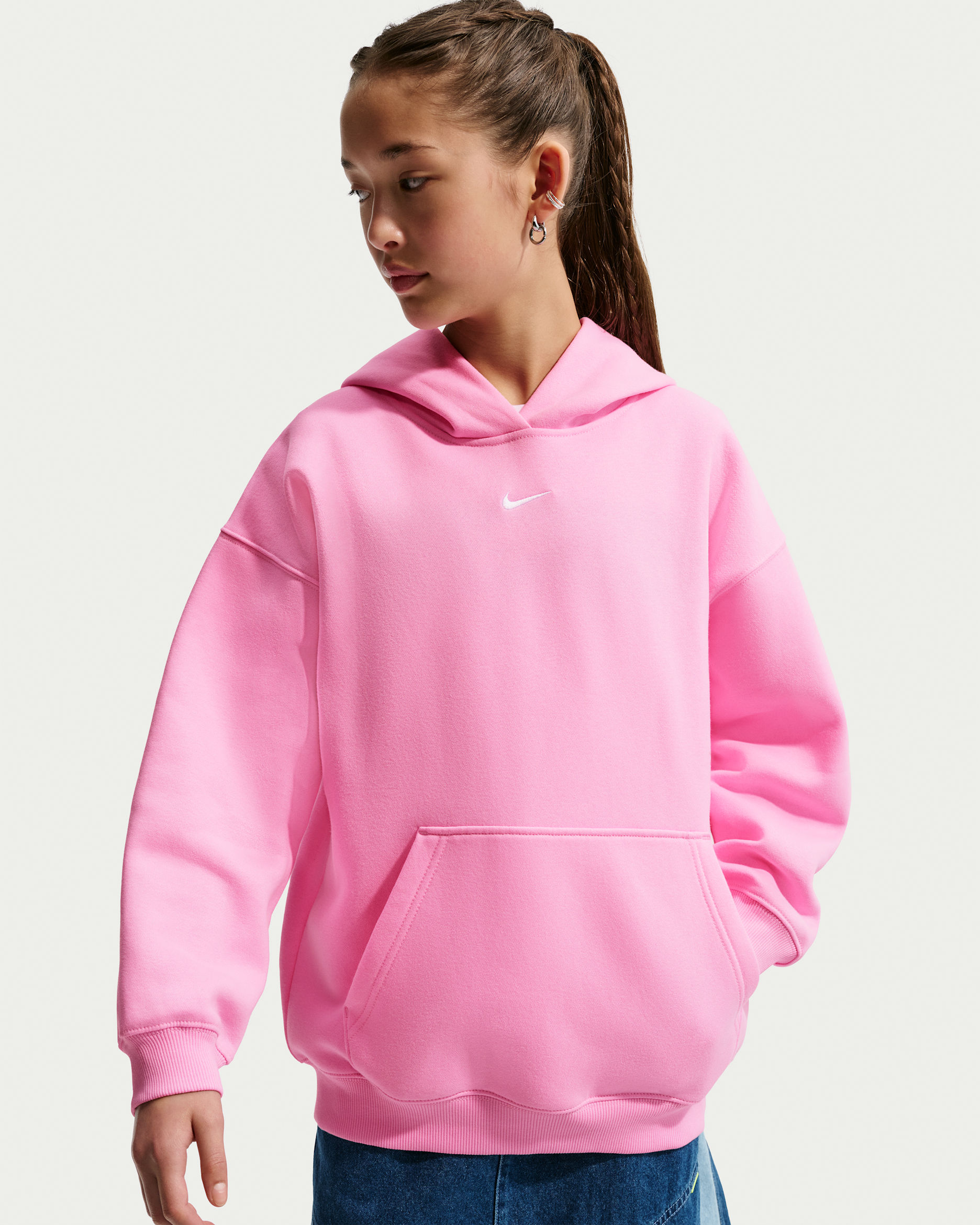 Nike Sportswear Studio Fleece Girls' Oversized Pullover Hoodie - Pink Rise/White