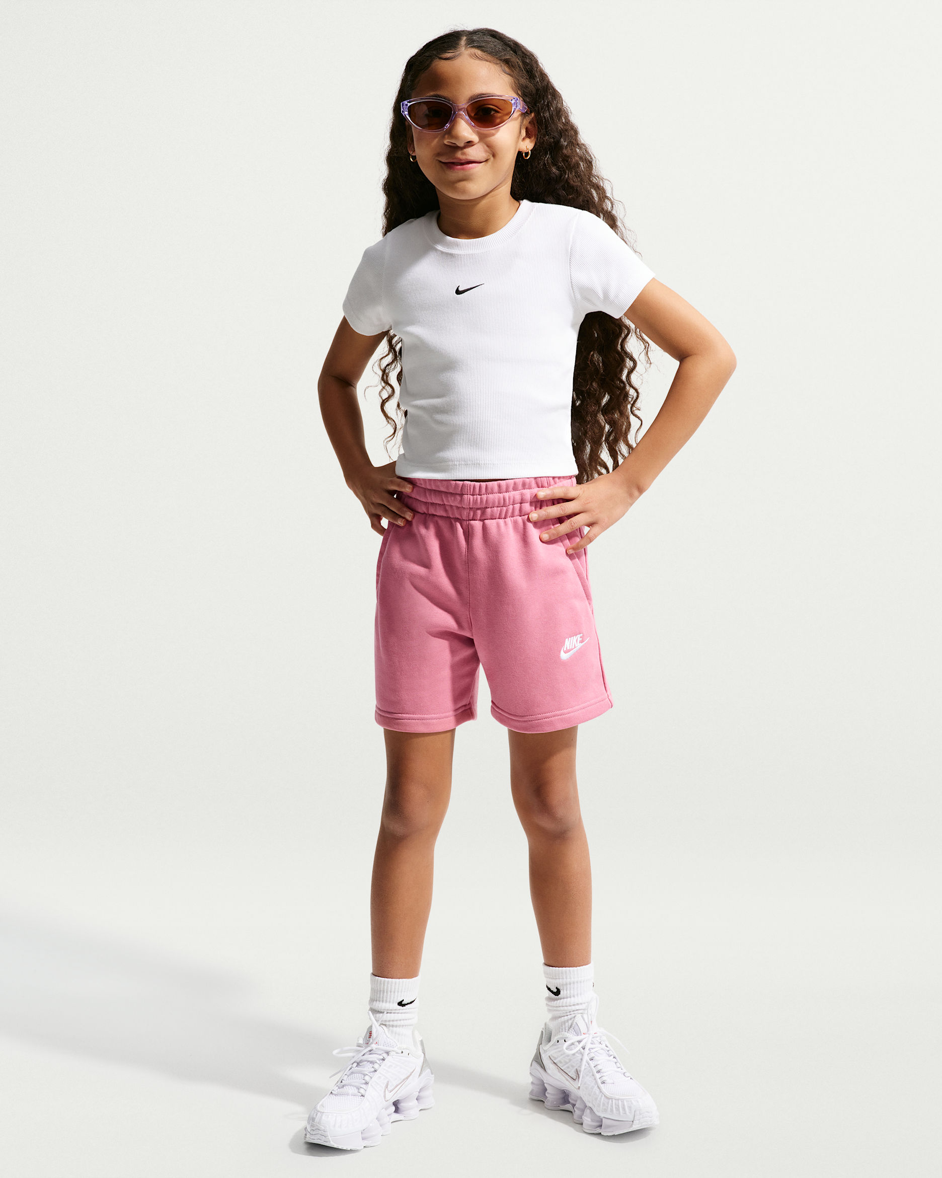 Nike Sportswear Club Fleece Older Kids' (Girls') 13cm (approx.) French Terry Shorts - Peony/Peony/White