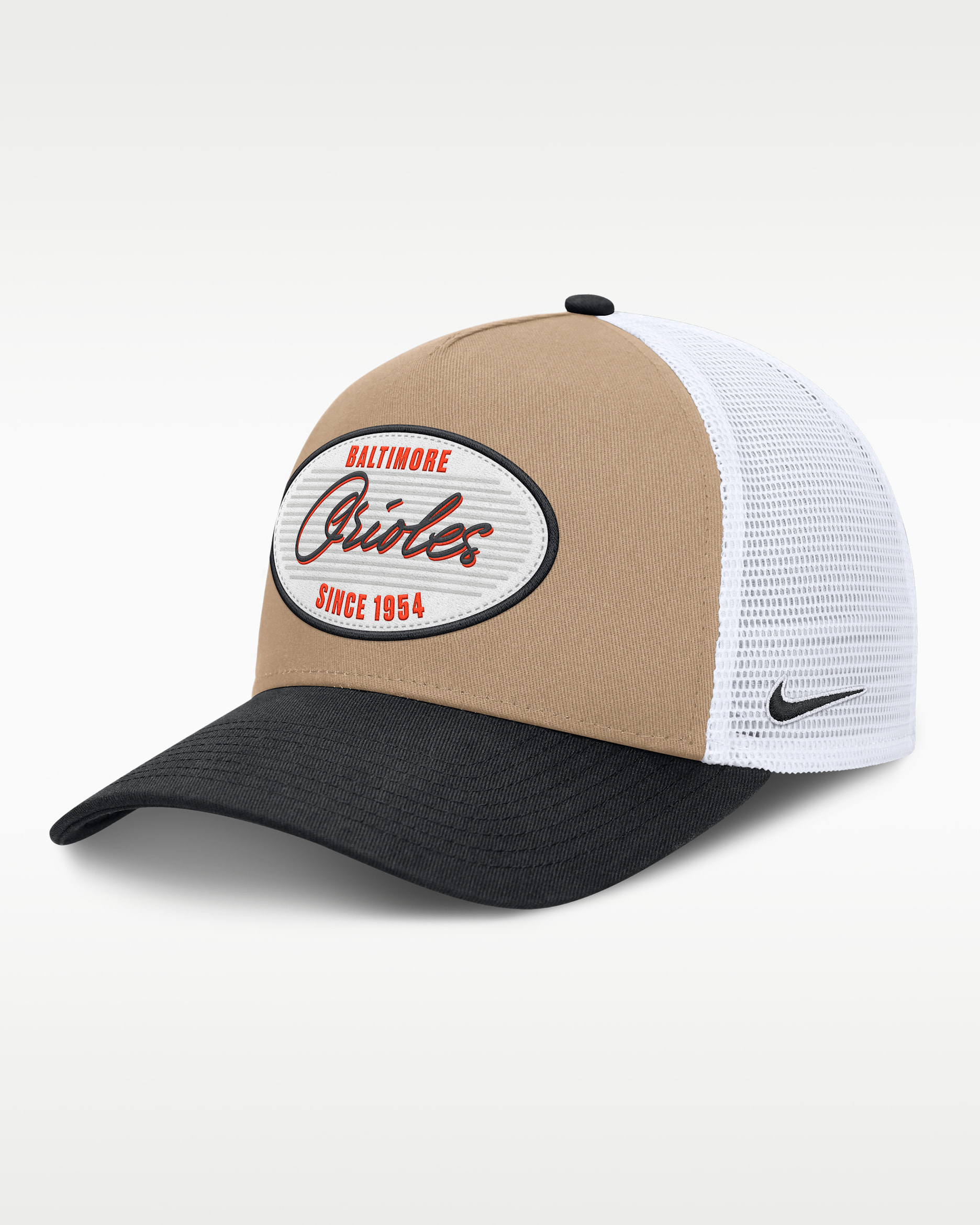 Baltimore Orioles Rise Men's Nike MLB A-Frame Trucker Adjustable Hat - Khaki/Black/Black