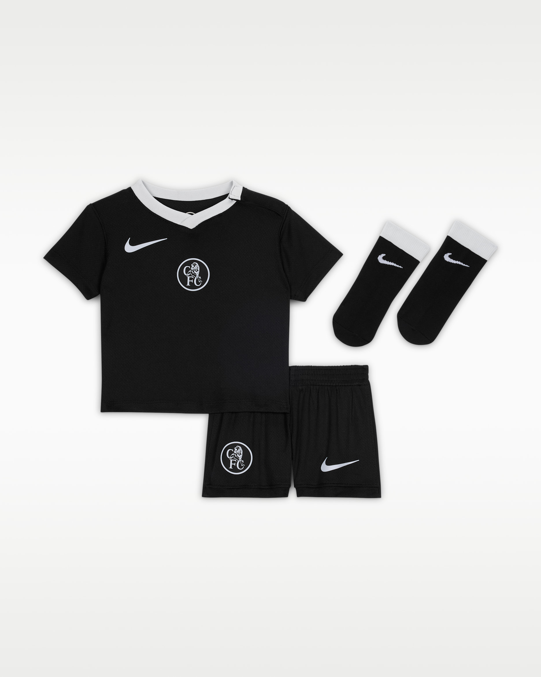 Chelsea FC 2025/26 Stadium Third Nike Total 90 Football Replica-sæt i tre dele til babyer/småbørn - sort/Field Silver/Game Royal/Field Silver