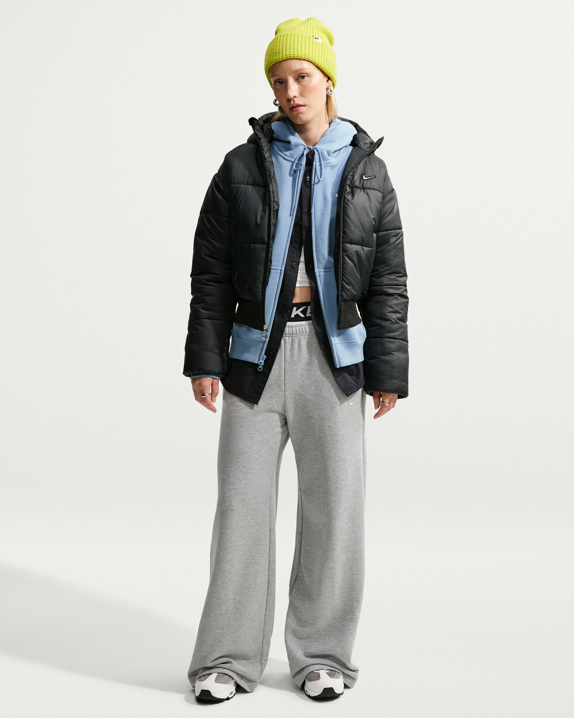 Pants de pierna ancha tiro medio para mujer Nike Studio Fleece "French Terry" ligeros - Gris oscuro jaspeado/Vela