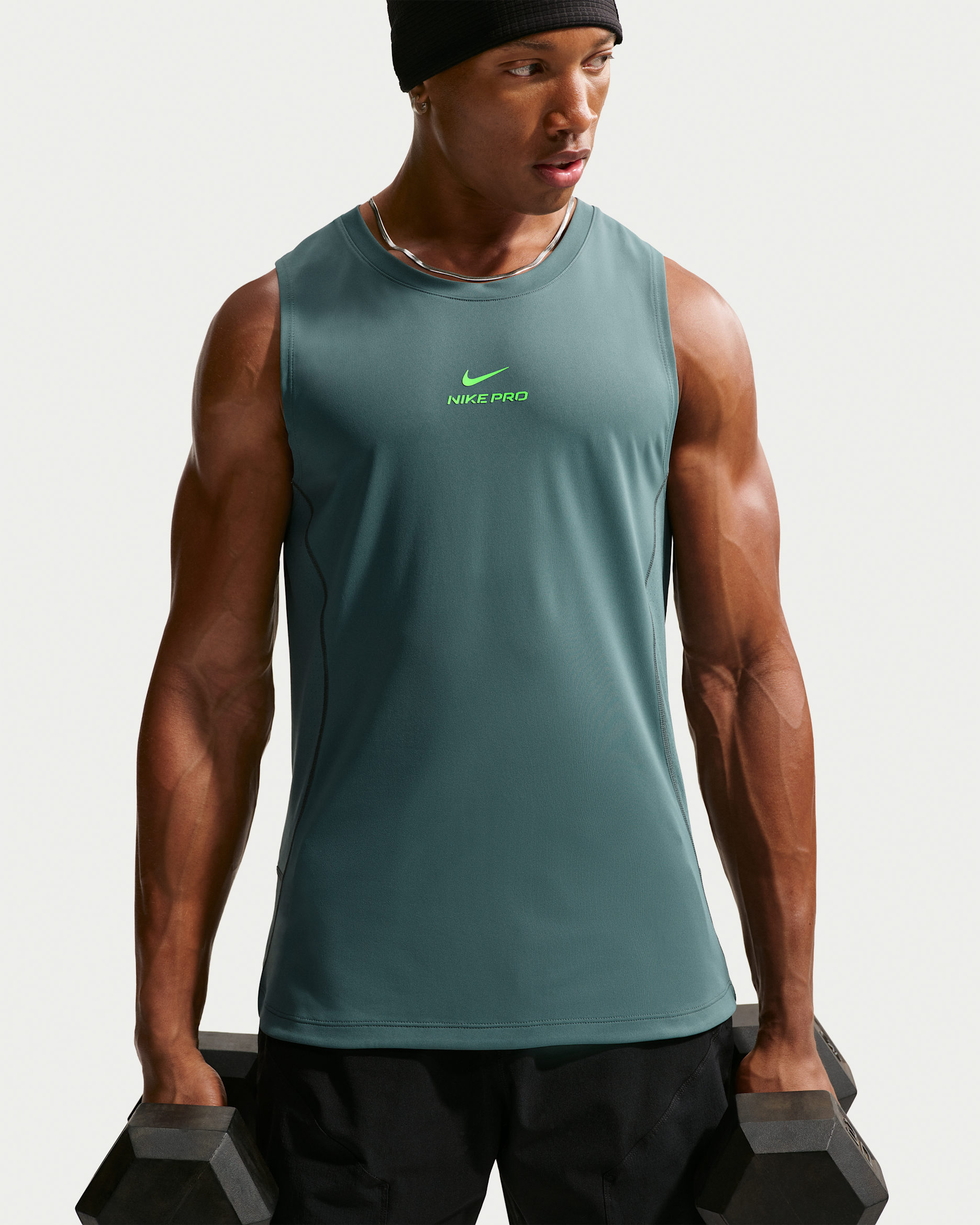 Nike Pro Men's Dri-FIT Training Tank - Mineral Slate/Green Strike