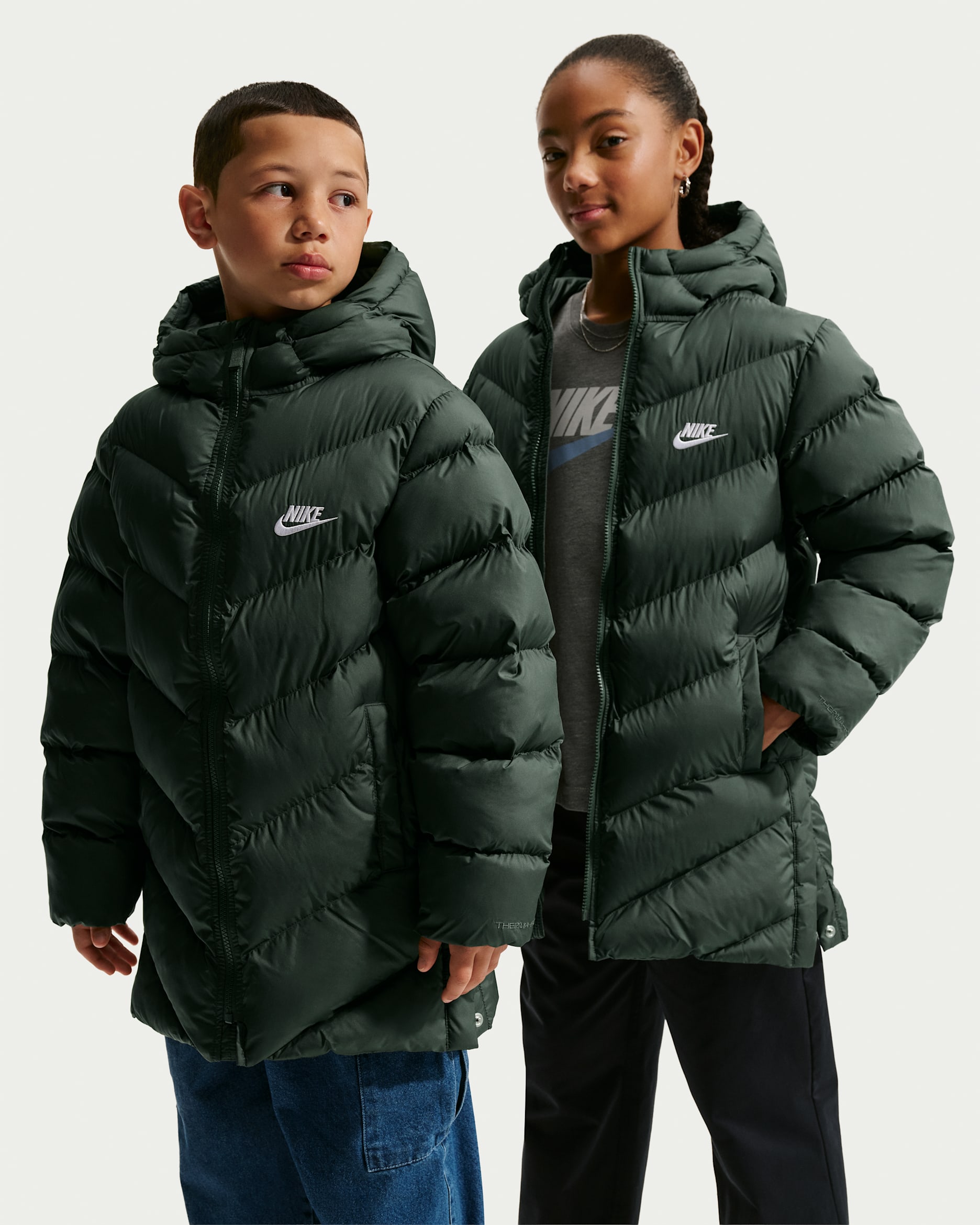 Nike Sportswear All Day Play Big Kids' Therma-FIT Loose-Fit Mid-Length Puffer Jacket - Camo Green/White