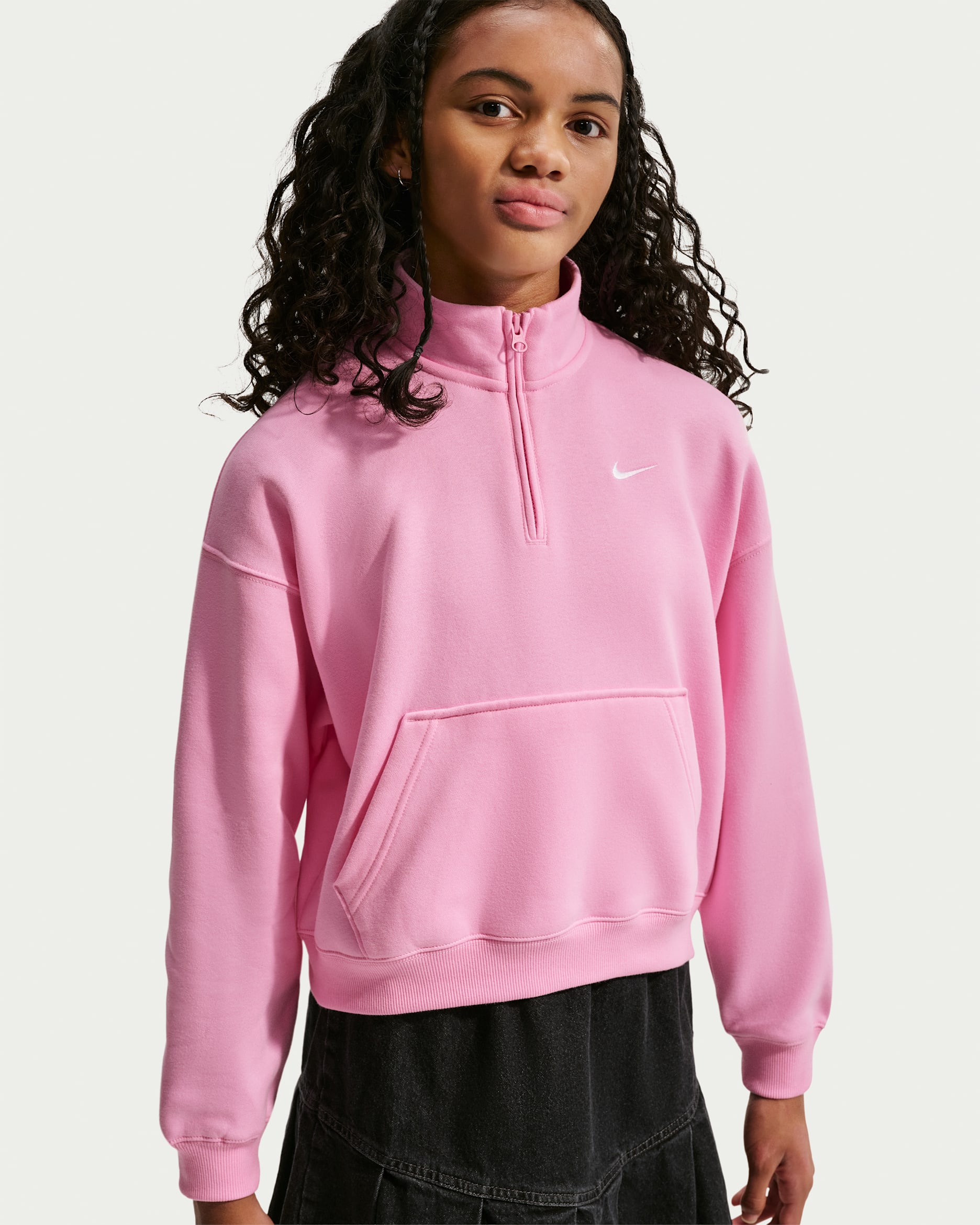 Nike Sportswear Studio Fleece Big Kids' (Girls') Oversized 1/4-Zip Top - Pink Rise/White