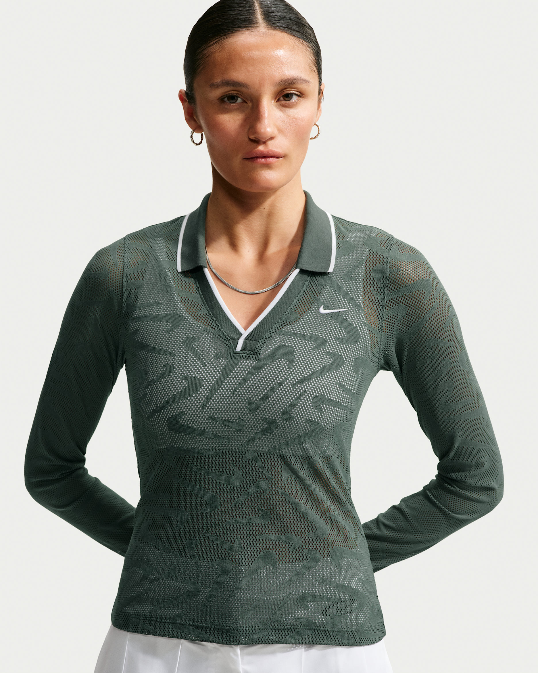 Nike Sportswear Chill Knit Women's Tight Mod-Cropped Long-Sleeve Lace Top - Camo Green/Camo Green/White/White