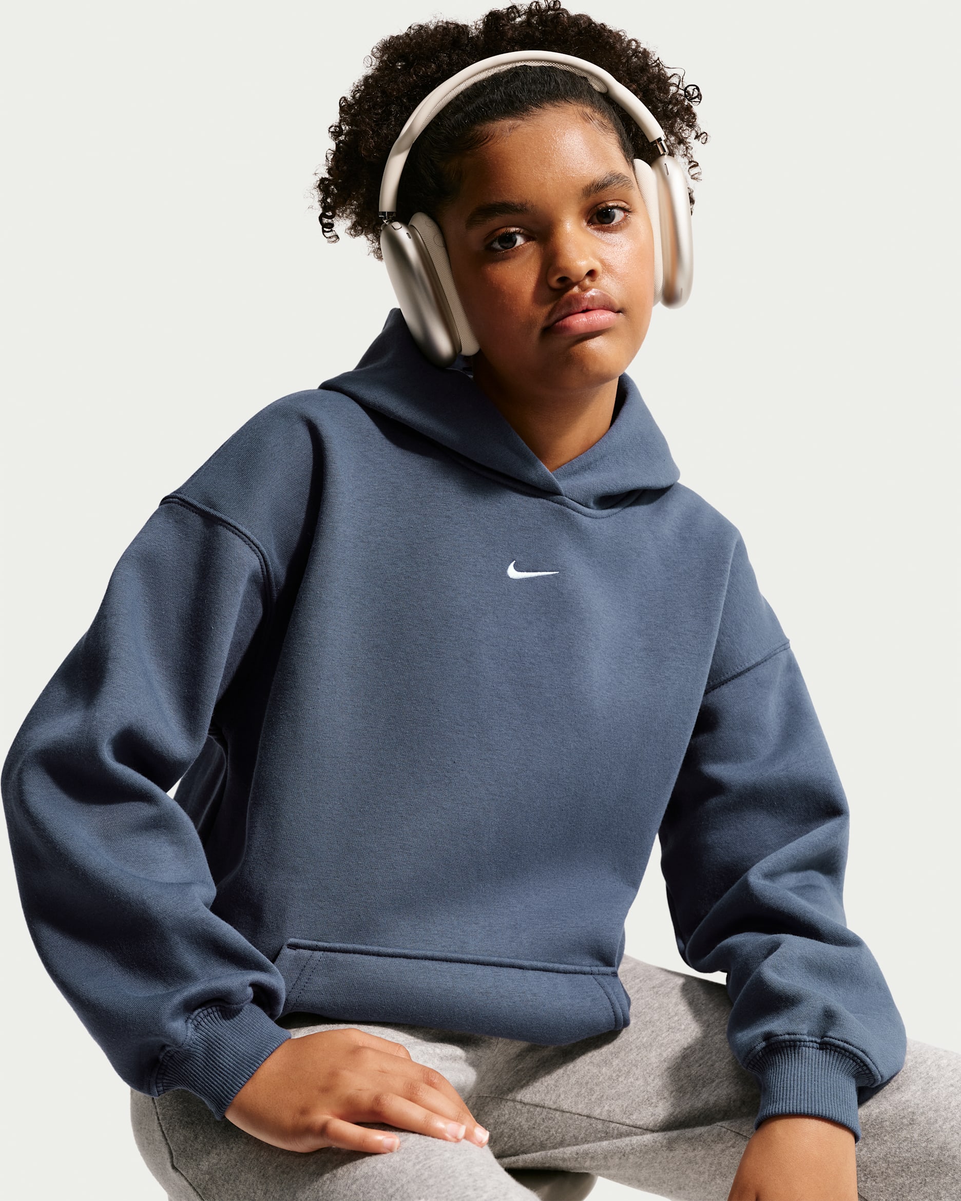Sudadera con gorro sin cierre oversized para niña Nike Sportswear Studio Fleece - Trueno azul/Blanco