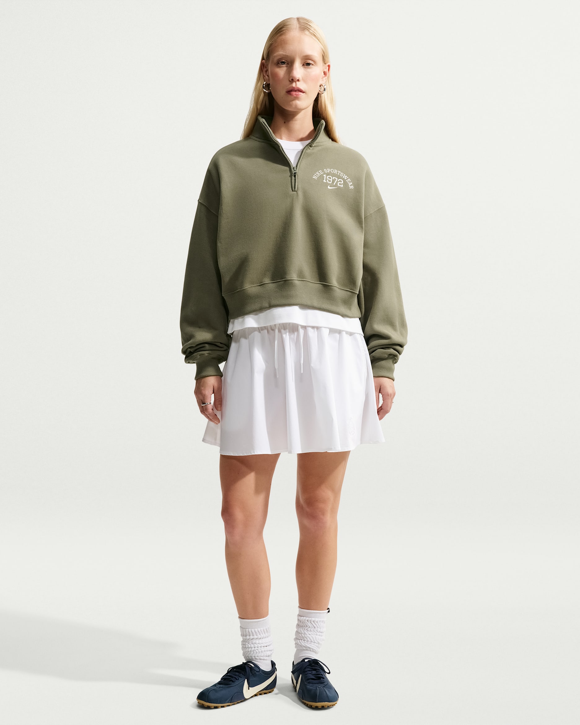Nike Studio Fleece Medium Weight Women's Oversized 1/4-Zip Cropped Top - Medium Olive