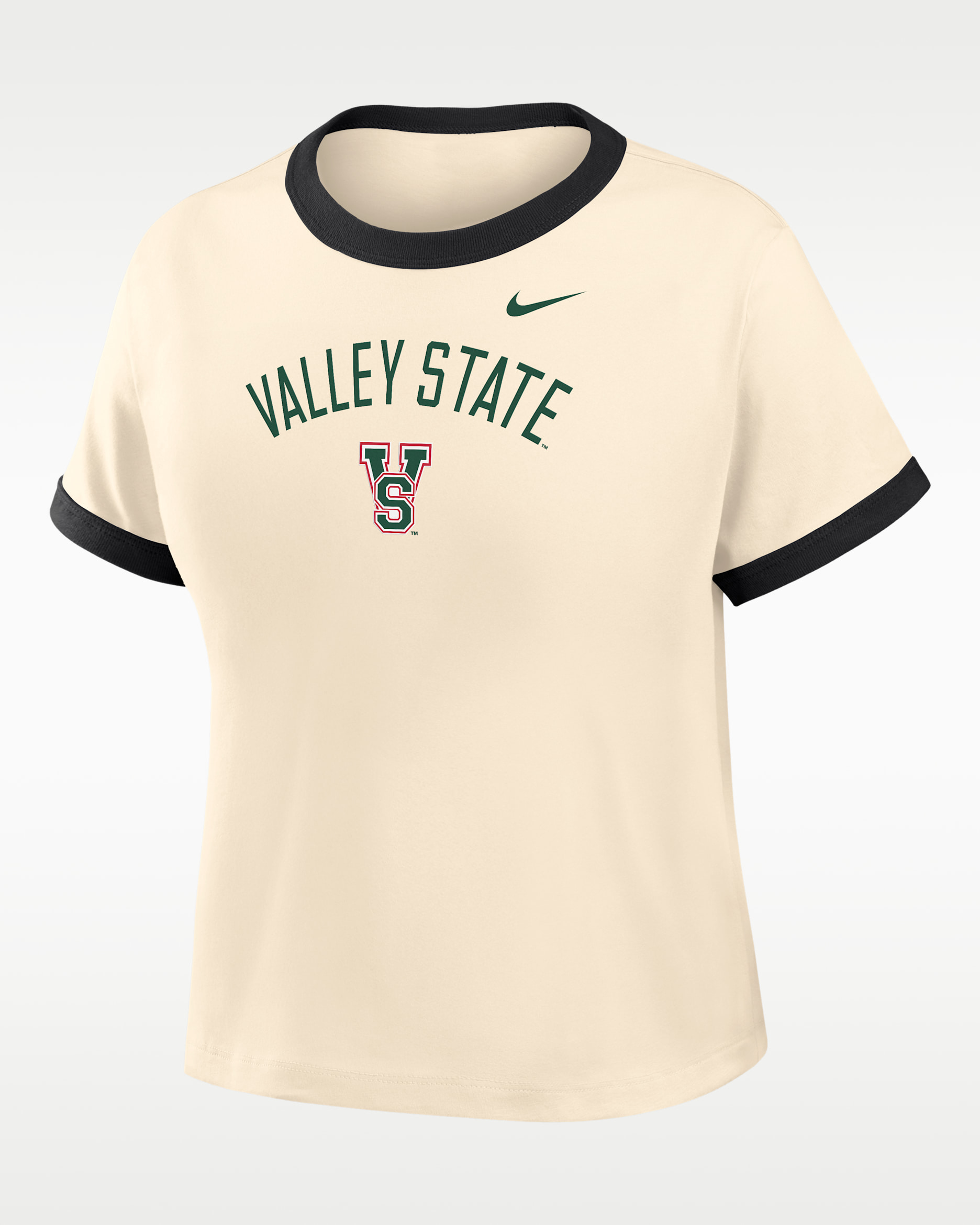 Playera cropped Ringer para mujer Nike College (Mississippi Valley State University) - Natural/Negro