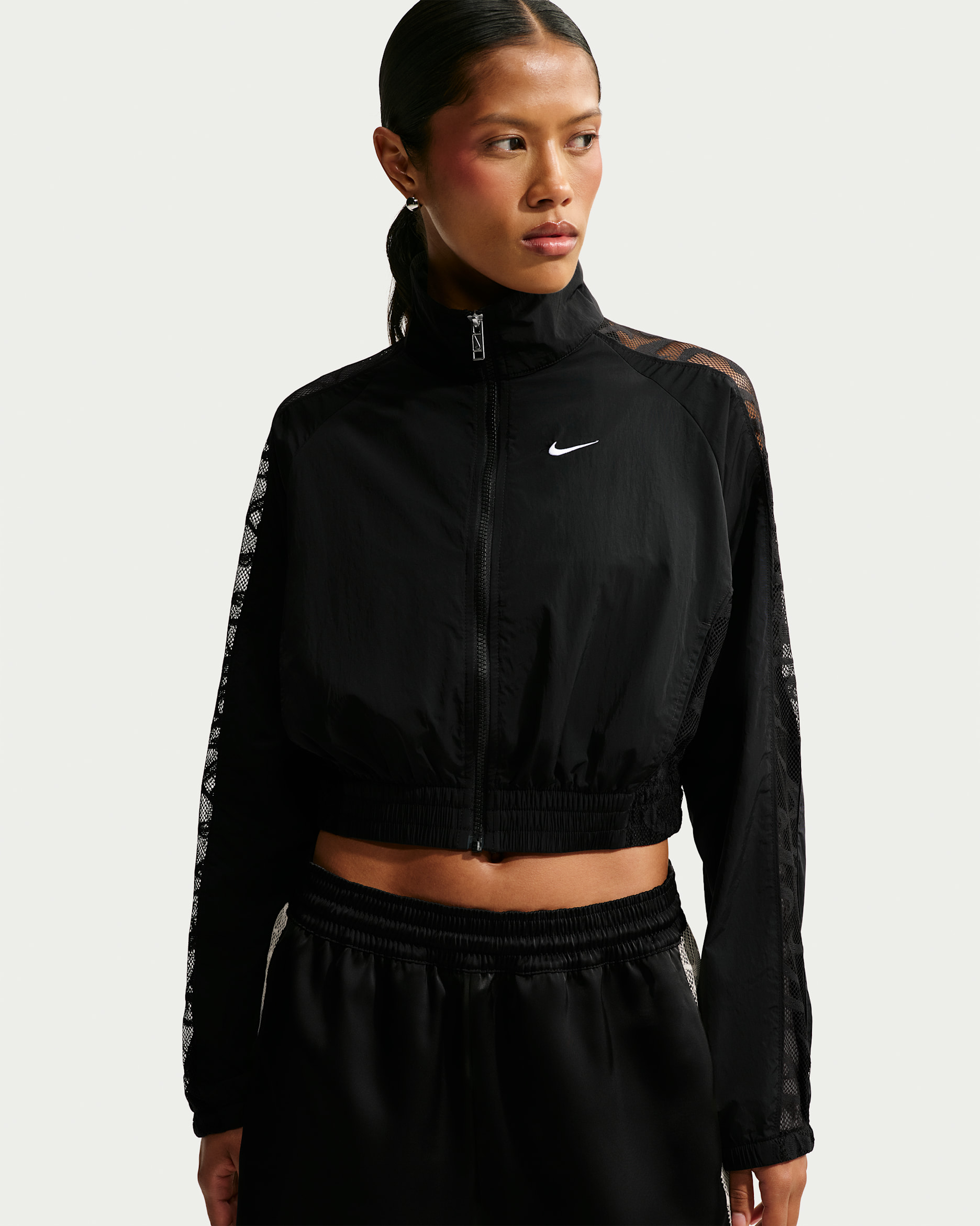 Chamarra deportiva cropped de encaje para mujer Nike Sportswear - Negro/Negro/Blanco