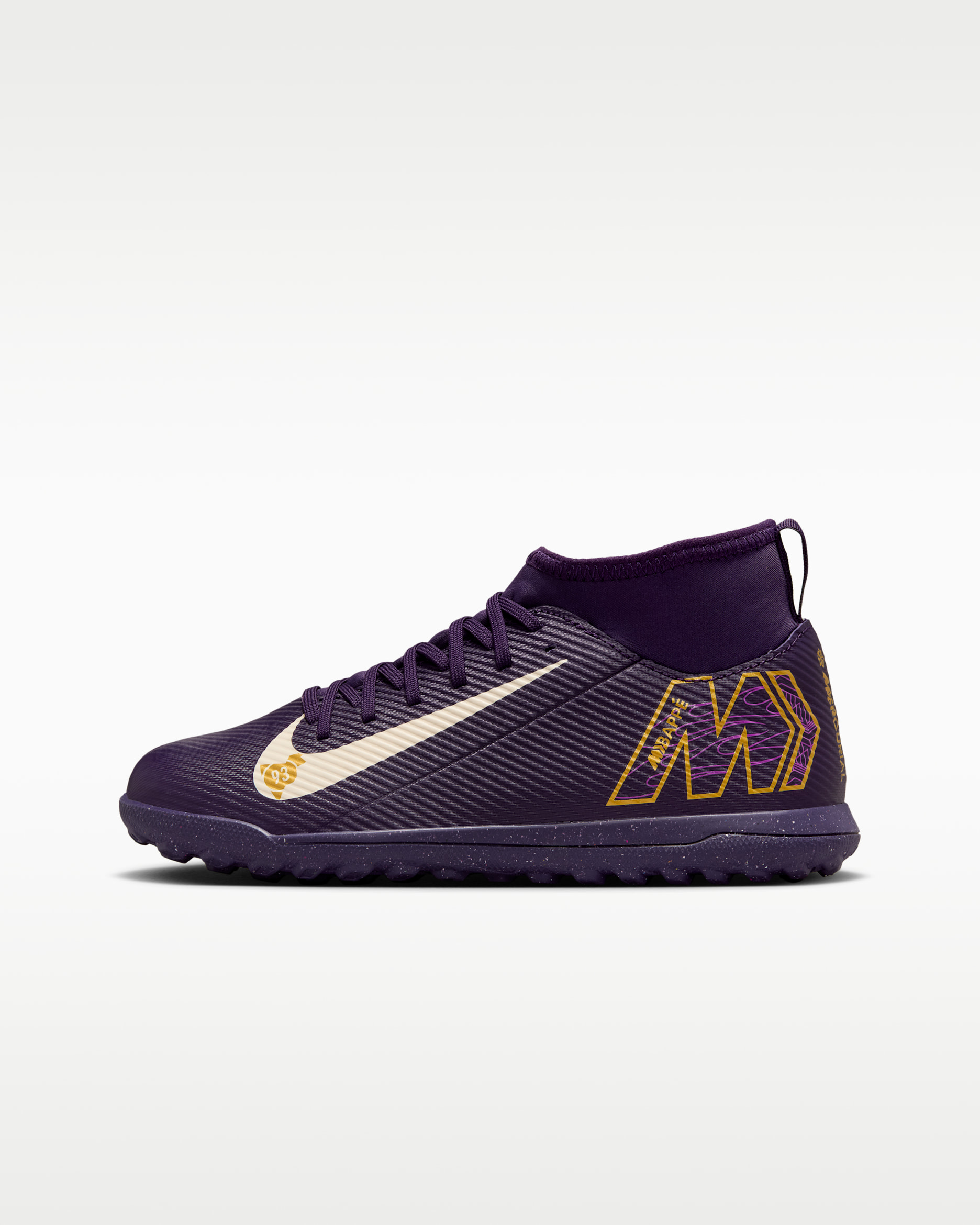 Tacos de fútbol TF high para niños talla grande Nike Jr. Mercurial Superfly 10 Club "Kylian Mbappé" - Morado grandioso/Marfil pálido