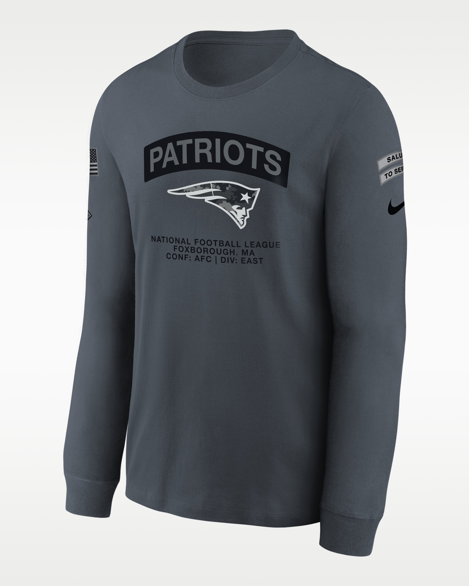 Playera Nike de manga larga de la NFL para niños talla grande New England Patriots Salute to Service - Gris