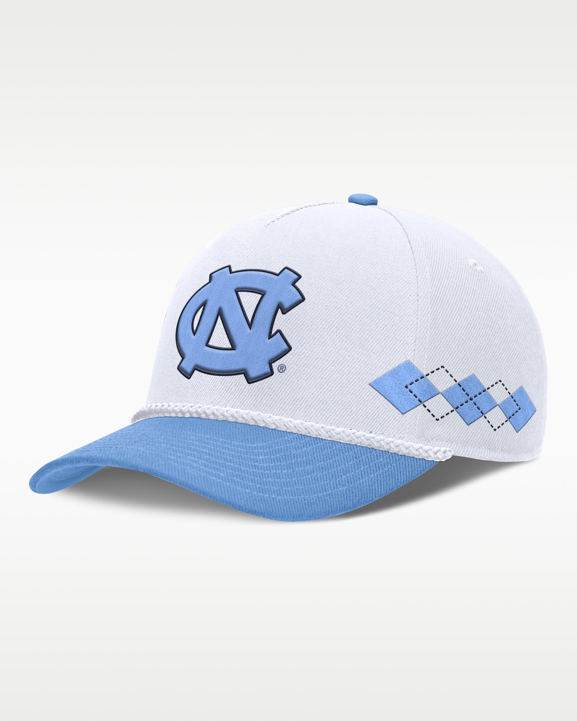 Gorra universitaria marca Jordan ajustable para hombre North Carolina Rise Argyle - Blanco