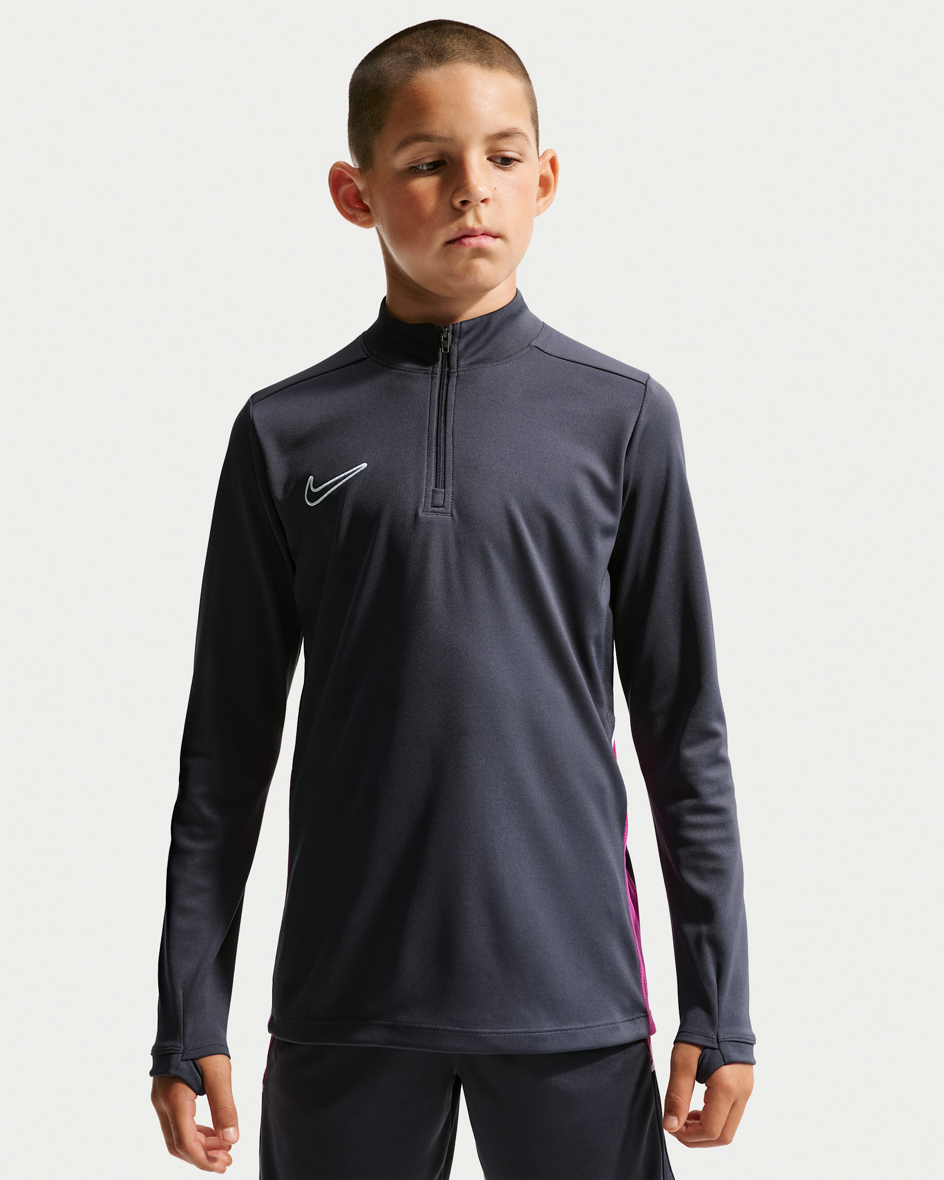 Nike Academy Big Kids' Dri-FIT Long-Sleeve 1/4-Zip Soccer Drill Top - Gridiron/Medium Fuchsia/White/White