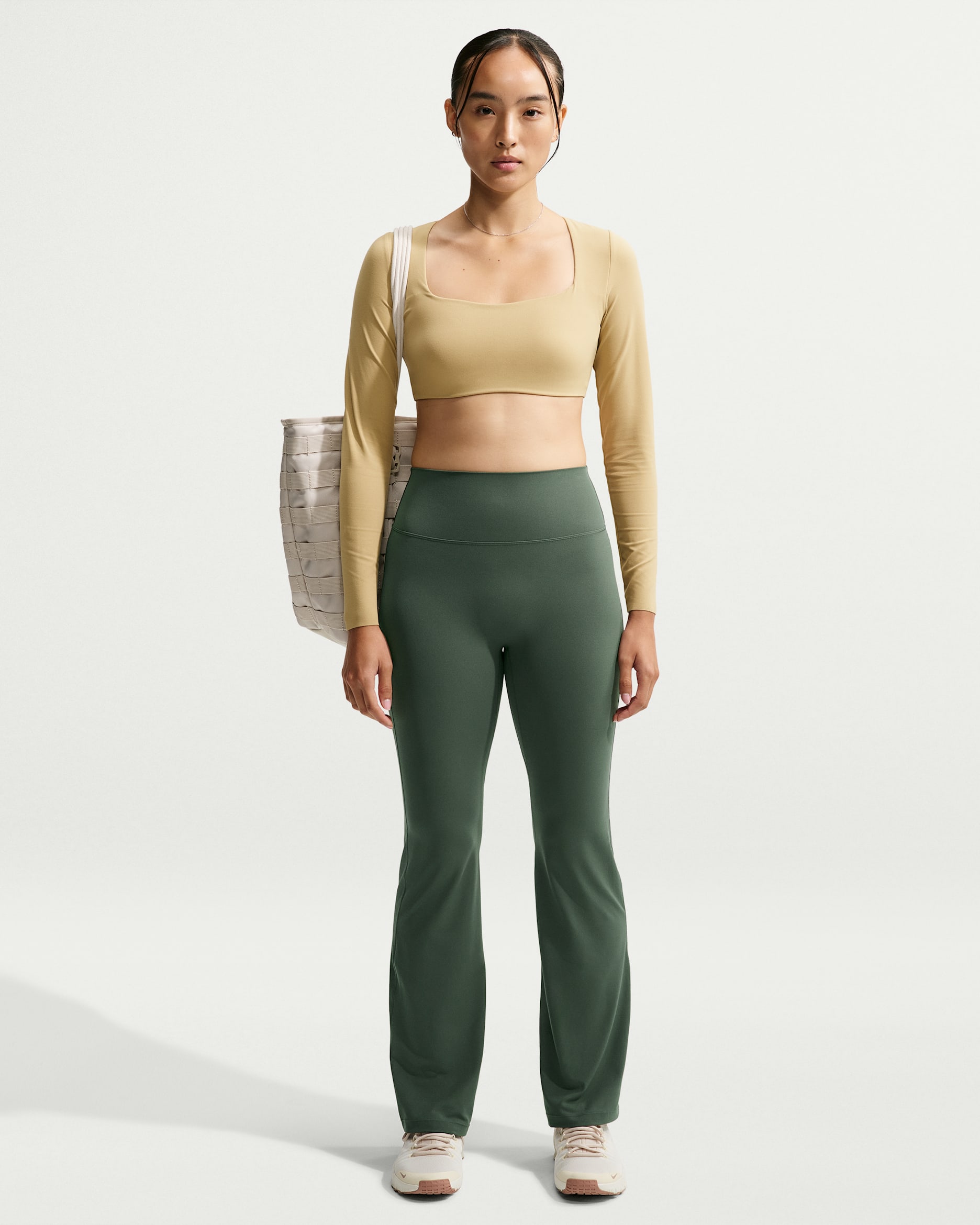 Nike Zenvy Women's High-Waisted Flared Leggings with No Front Seam - Camo Green/White