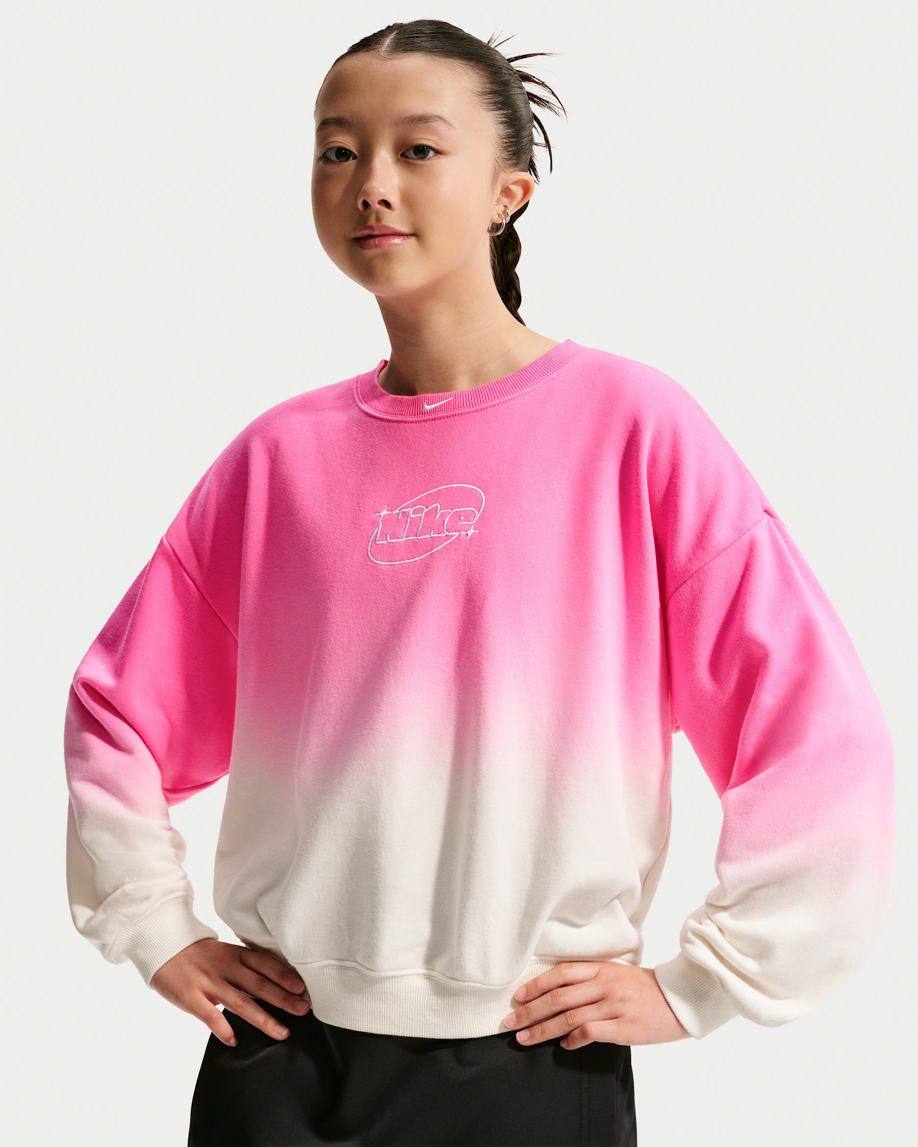 Nike Studio Fleece Lightweight Big Kids' (Girls') Oversized Graphic Crew - Sail/Playful Pink/White
