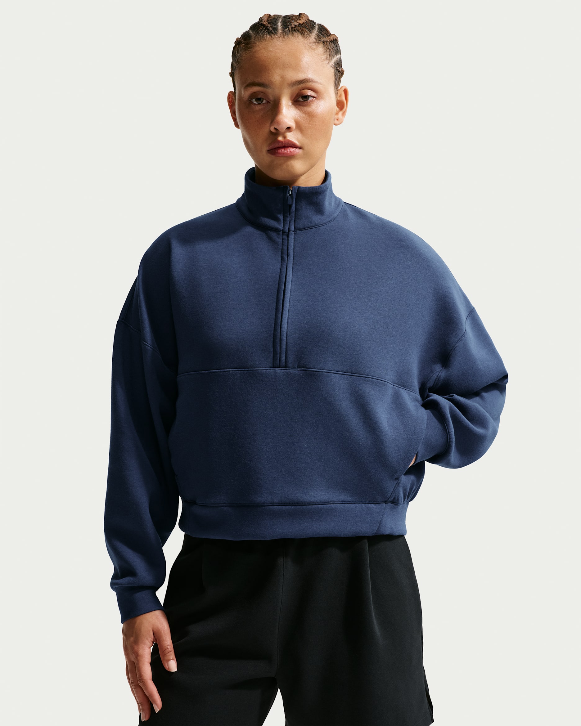 Playera Dri-FIT oversized de medio cierre para mujer Nike 24.7 ImpossiblySoft - Azul marino medianoche/Obsidiana oscuro