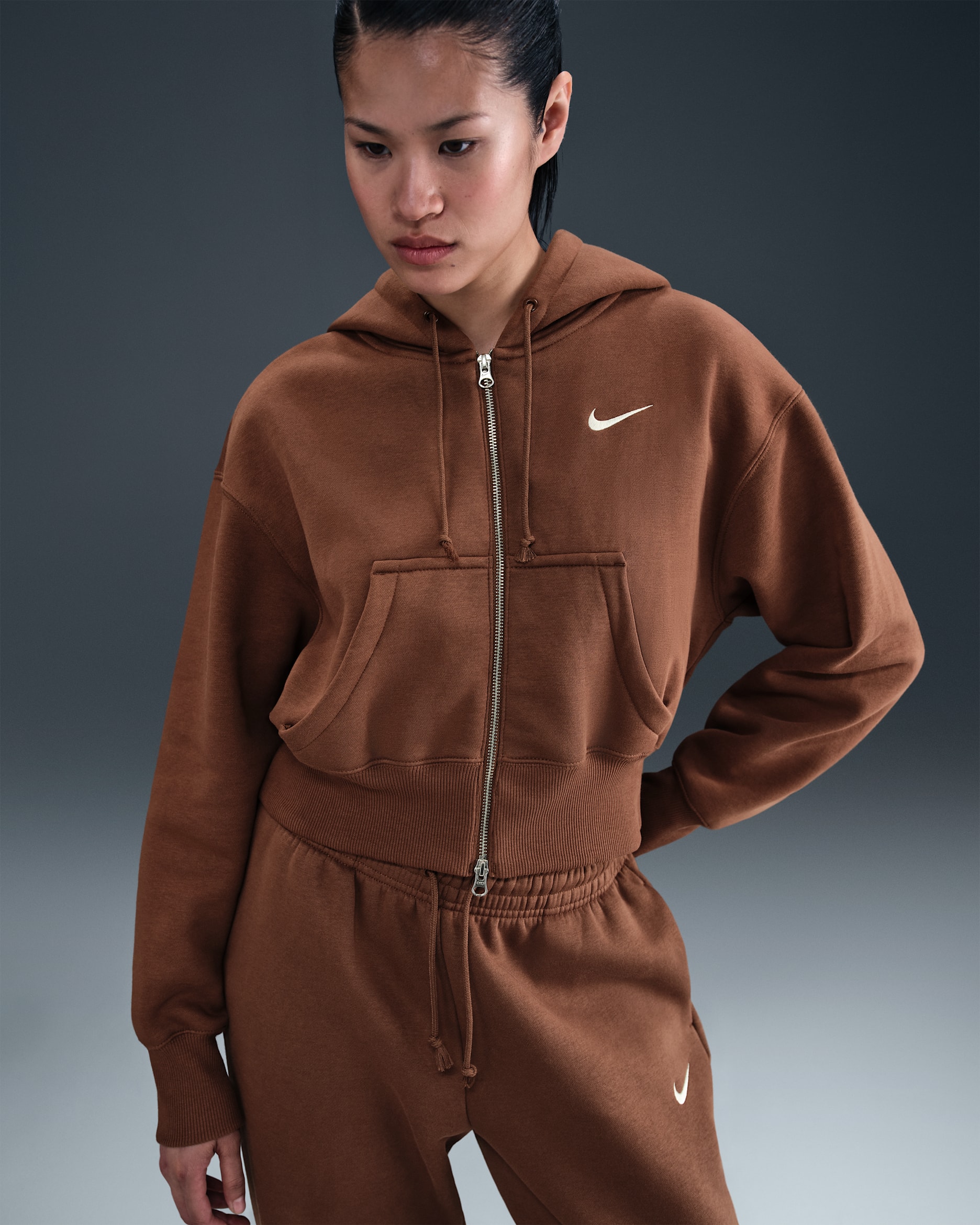 Nike Sportswear Phoenix Fleece Women's Loose Full-Zip Cropped Hoodie - Fauna Brown/Sail