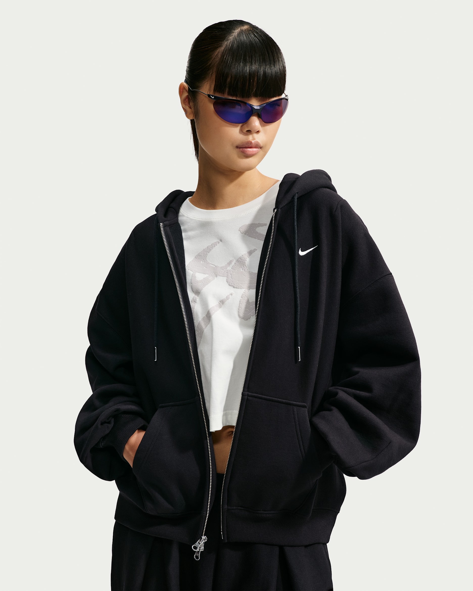 Sudadera con gorro plisada oversized de cierre completo para mujer Nike Studio Fleece Heavyweight - Total Black/Vela