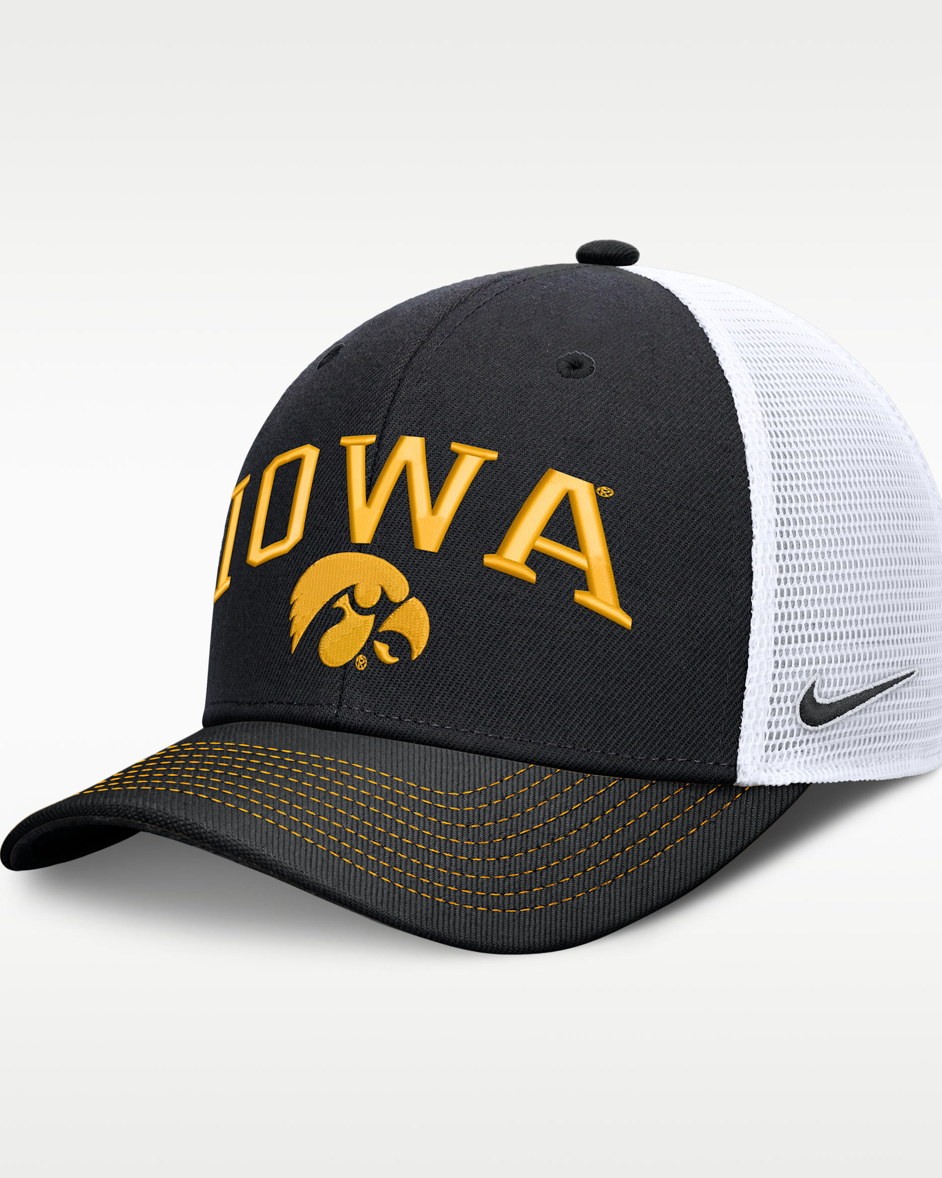 Iowa Primetime Arched Men's Nike Dri-FIT College Trucker Adjustable Hat - Black/White