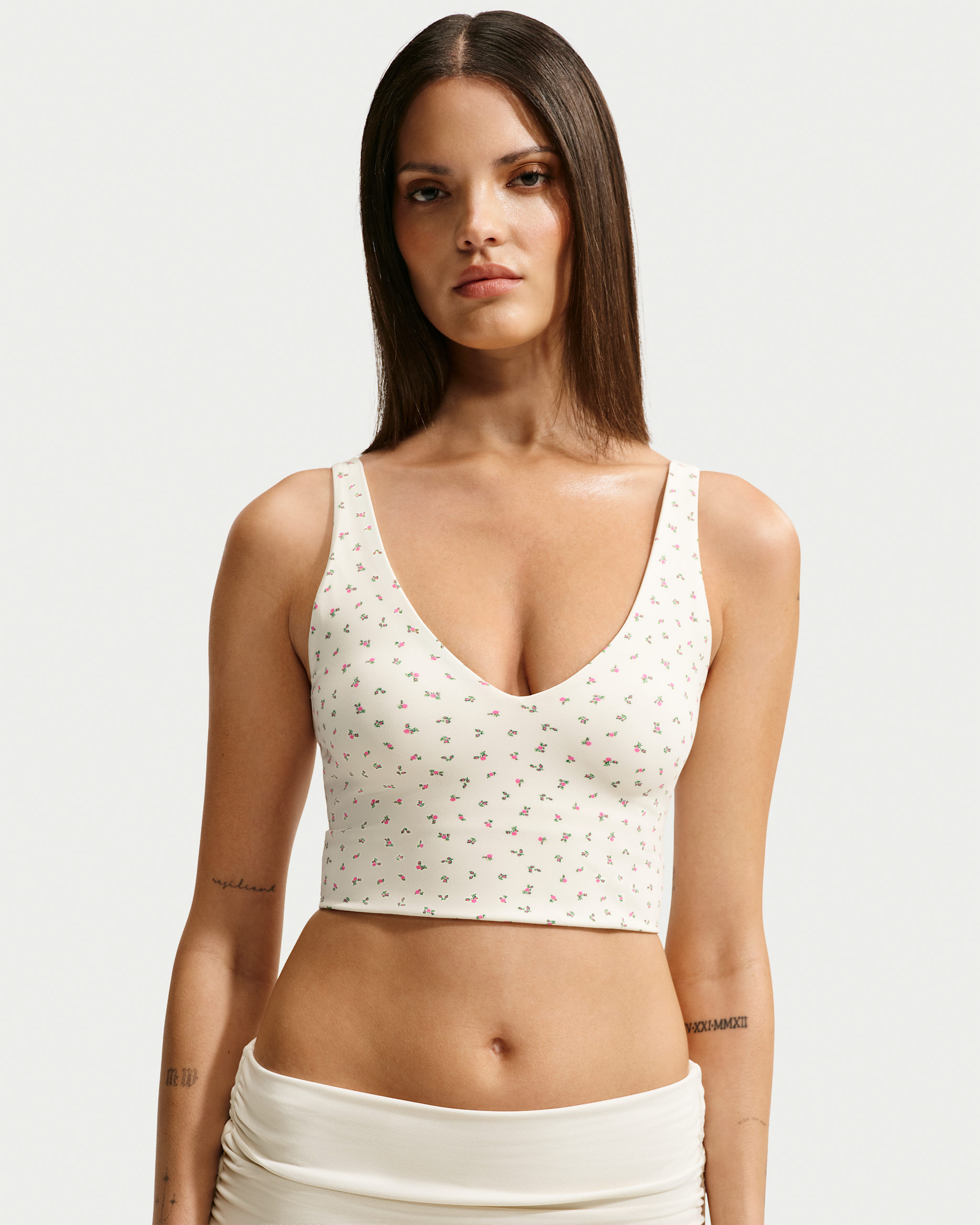 Brassière longue imprimée à col en V NikeSKIMS Matte pour femme - NSKM Actv Ivory/NSKM Flamingo