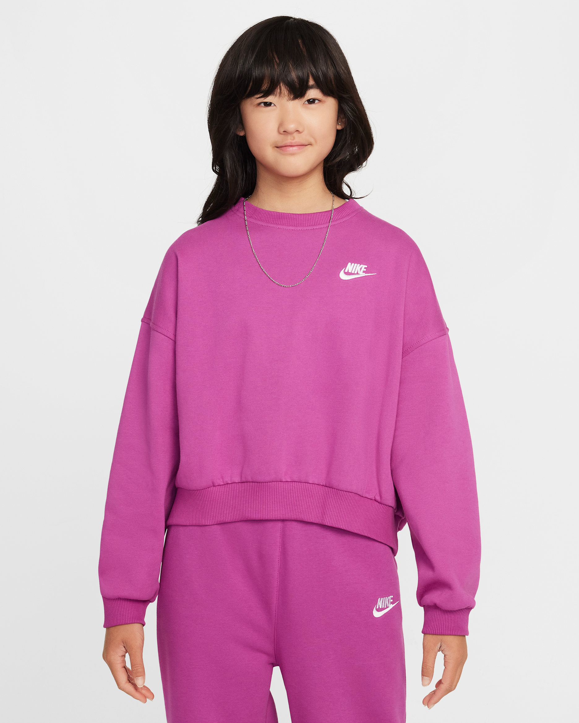 Sudadera de cuello redondo Dri-FIT de corte cuadrado para niña Nike Sportswear Club Fleece - Fucsia cálido/Blanco