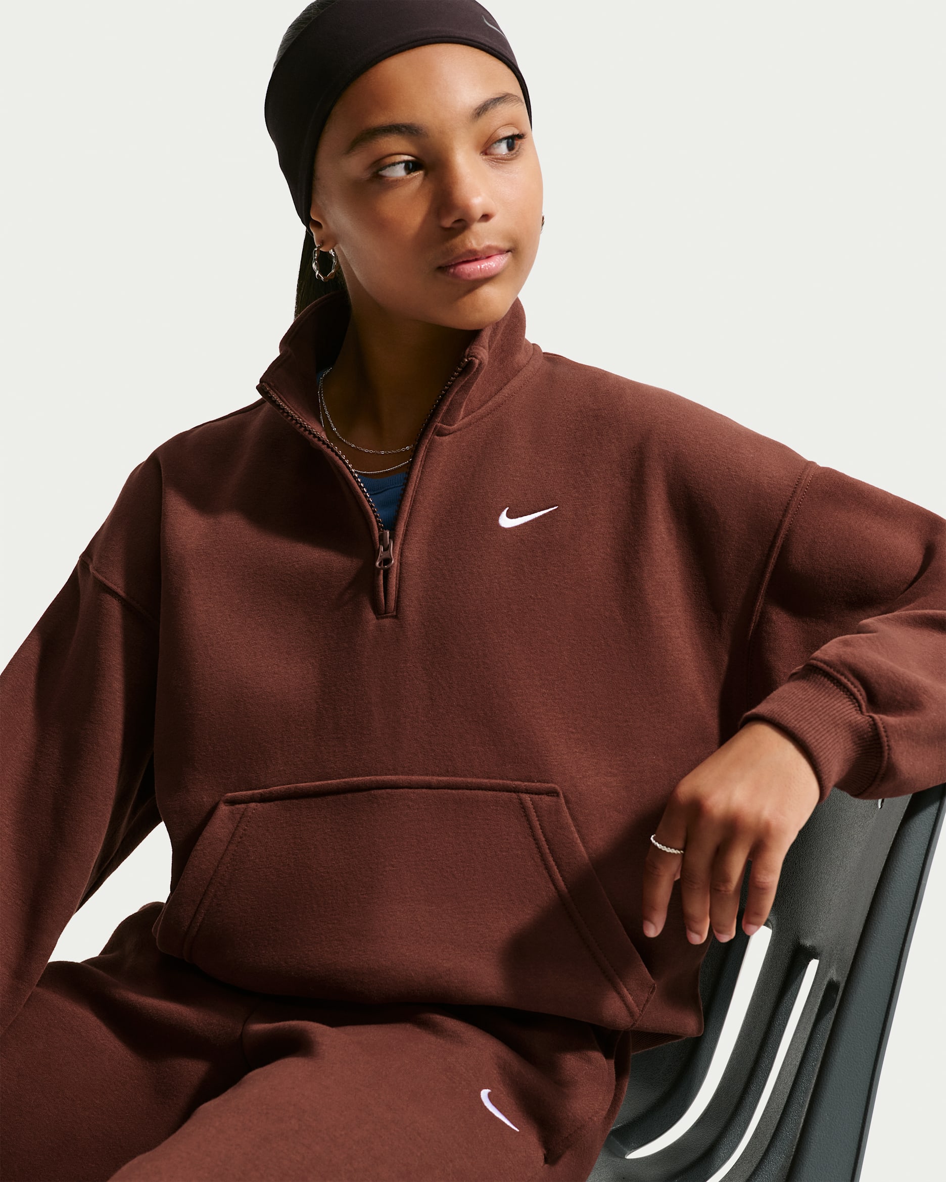 Nike Sportswear Studio Fleece Big Kids' (Girls') Oversized 1/4-Zip Top - Mystic Dates/White
