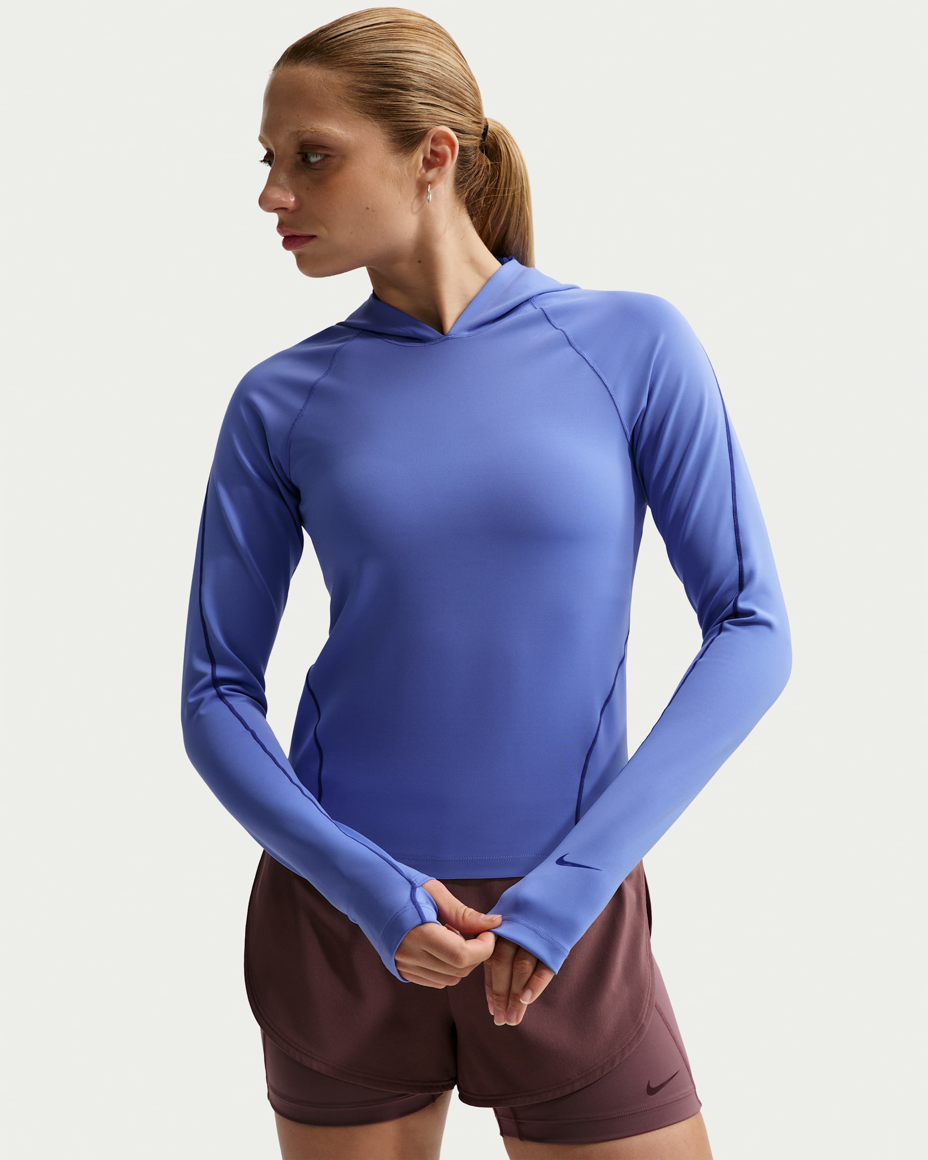 Nike Universa aansluitende Dri-FIT damestop met capuchon en lange mouwen - Sapphire/Bright Blue/Deep Night/Deep Night