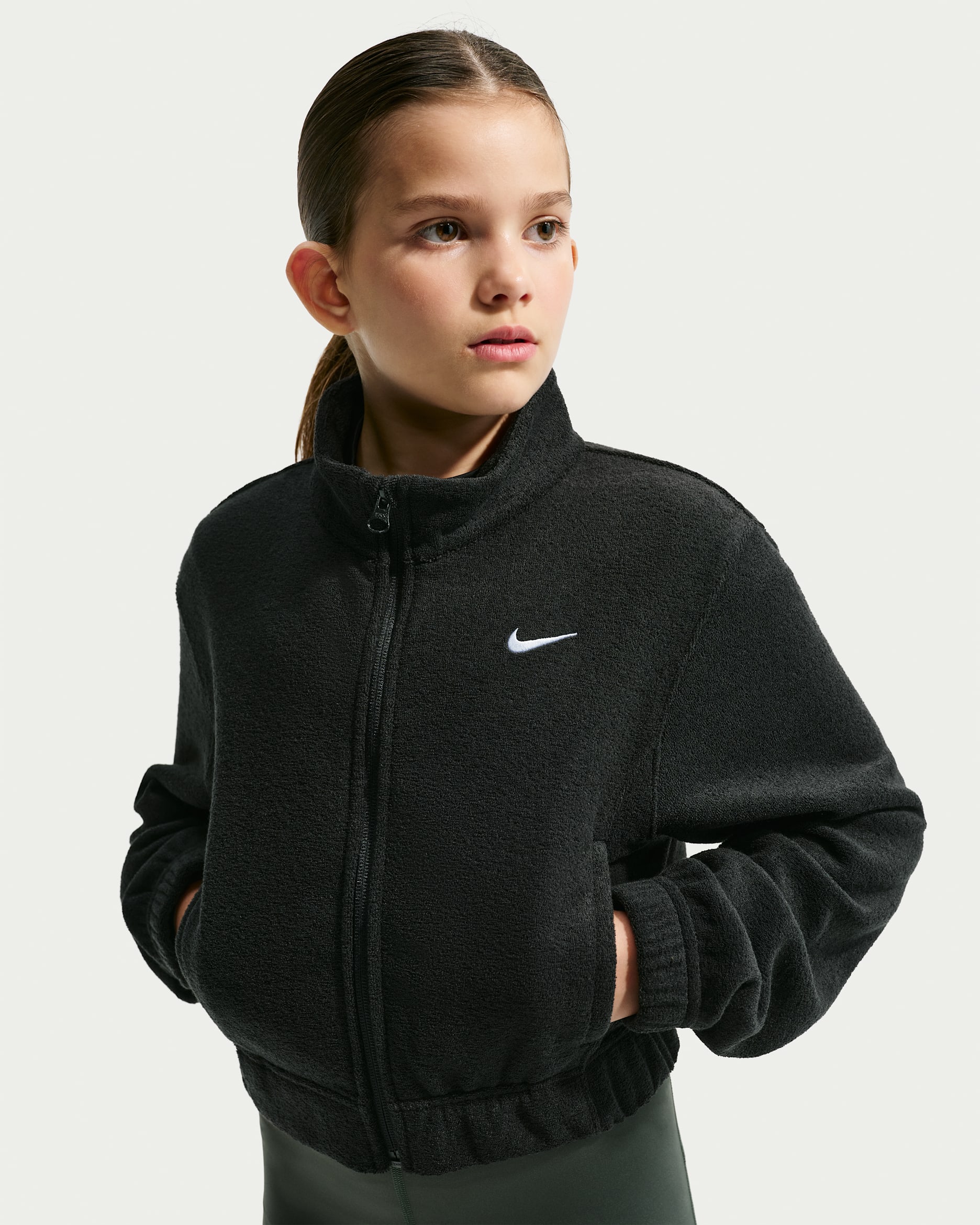 Nike Pro Tam Boy Fermuarlı Therma-FIT Genç Çocuk (Kız) Fleece Üst - Siyah/Beyaz