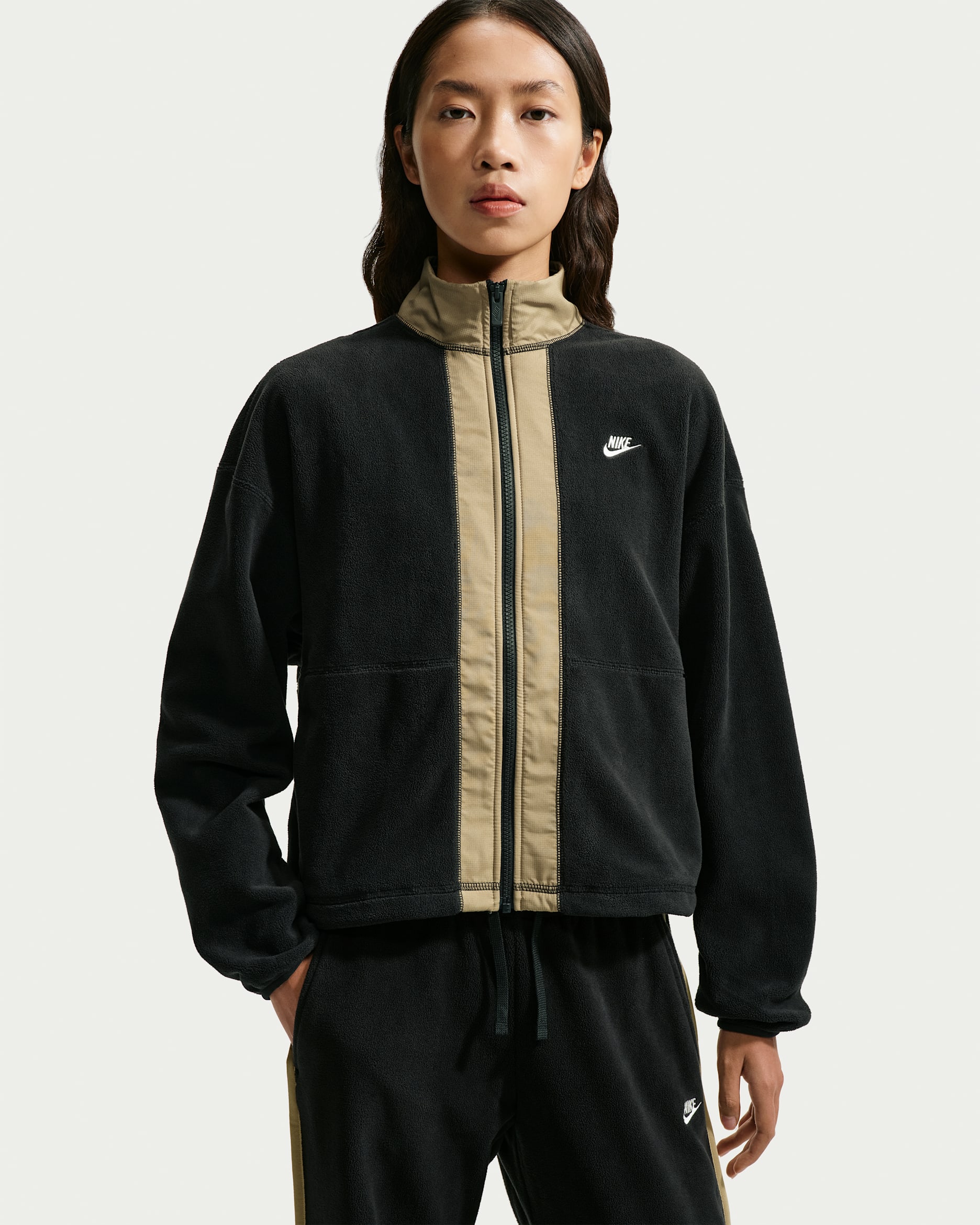 Nike Sportswear Women's Loose Therma-FIT Full-Zip Sweatshirt - Black/Parachute Beige/Sail