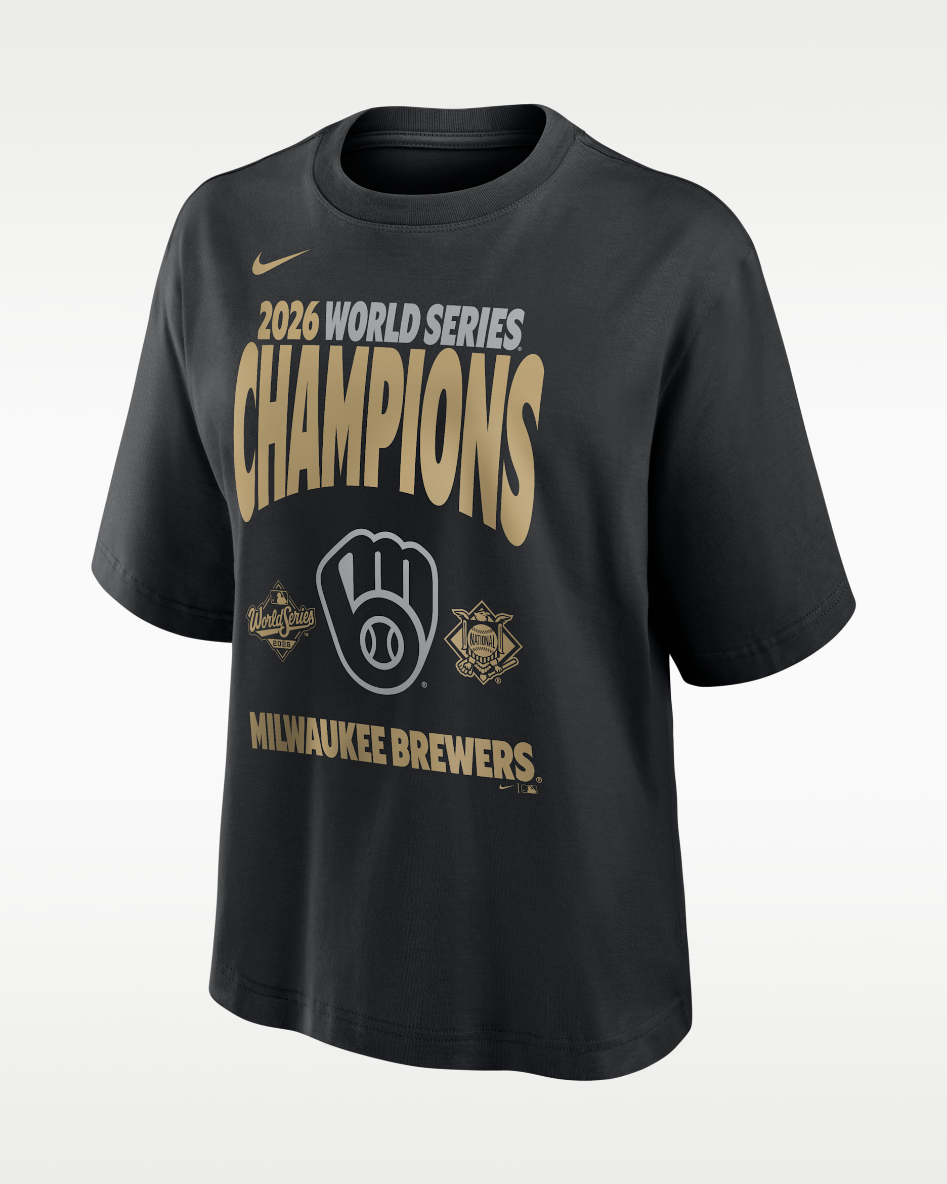 Milwaukee Brewers 2026 World Series Champions Raise the Trophy Boxy Women's Nike MLB T-Shirt - Black