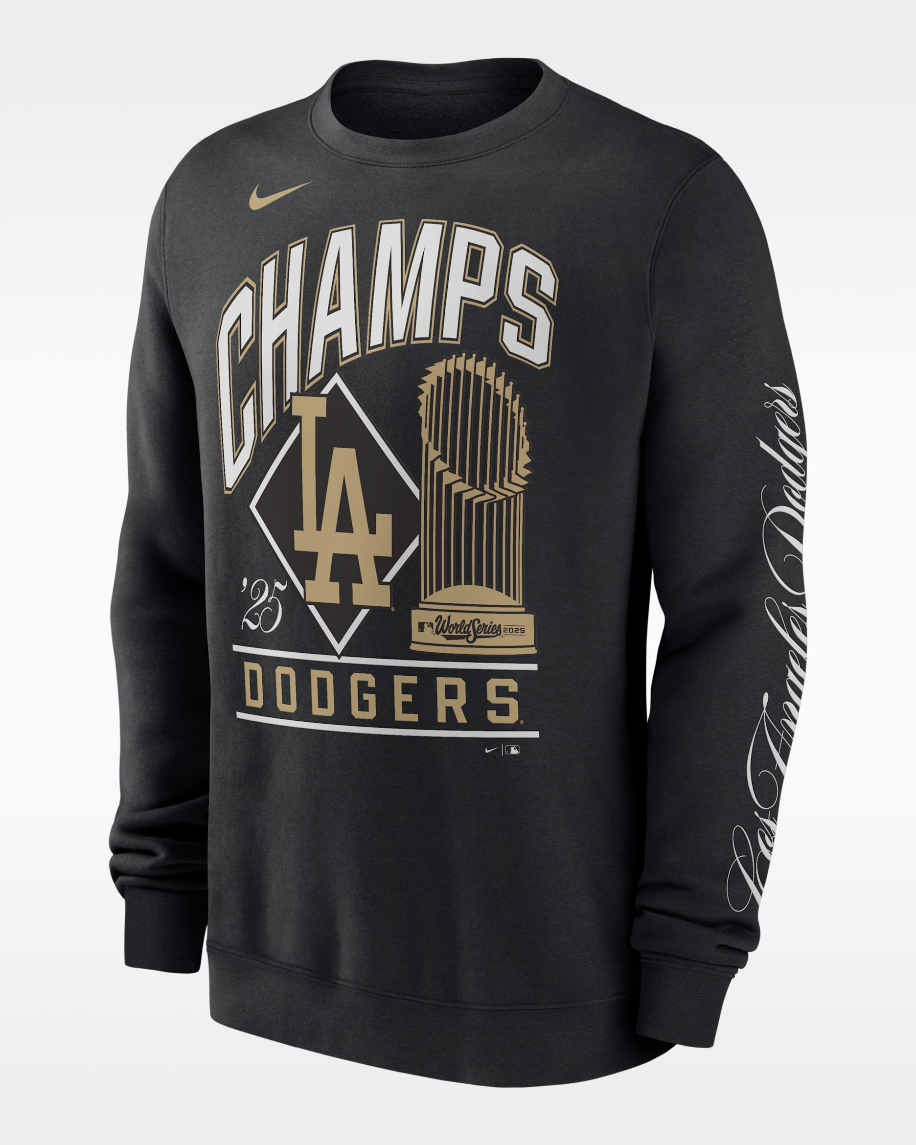 Sudadera de cuello redondo sin cierre Nike de la MLB para hombre Los Angeles Dodgers 2025 World Series Champion Gold Series - Negro