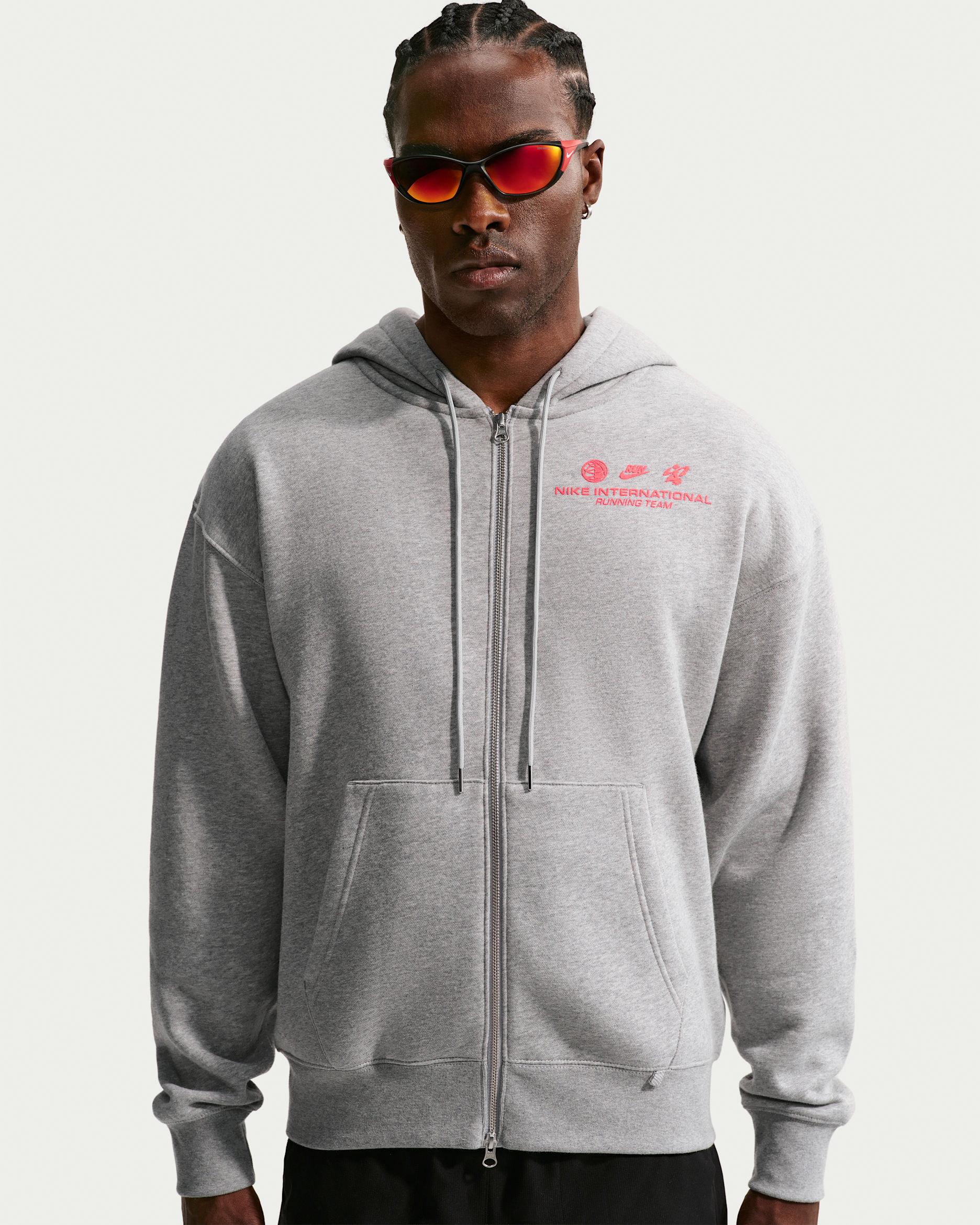 Ανδρική φλις μπλούζα με κουκούλα και φερμουάρ σε όλο το μήκος για τρέξιμο Nike - Dark Grey Heather/Bright Crimson