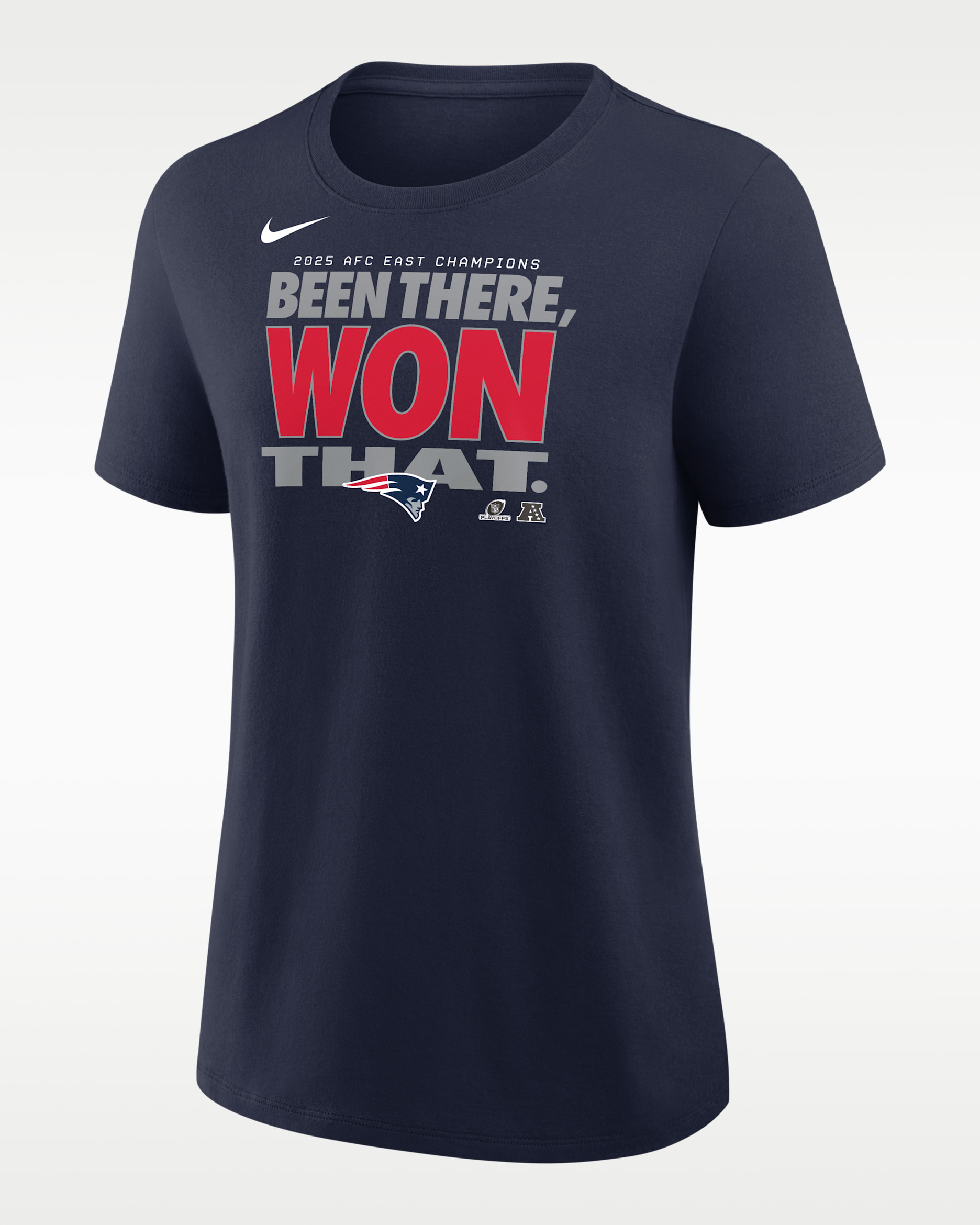 New England Patriots 2025 AFC East Champions Trophy Women's Nike NFL T-Shirt - Navy/Red/Grey/White