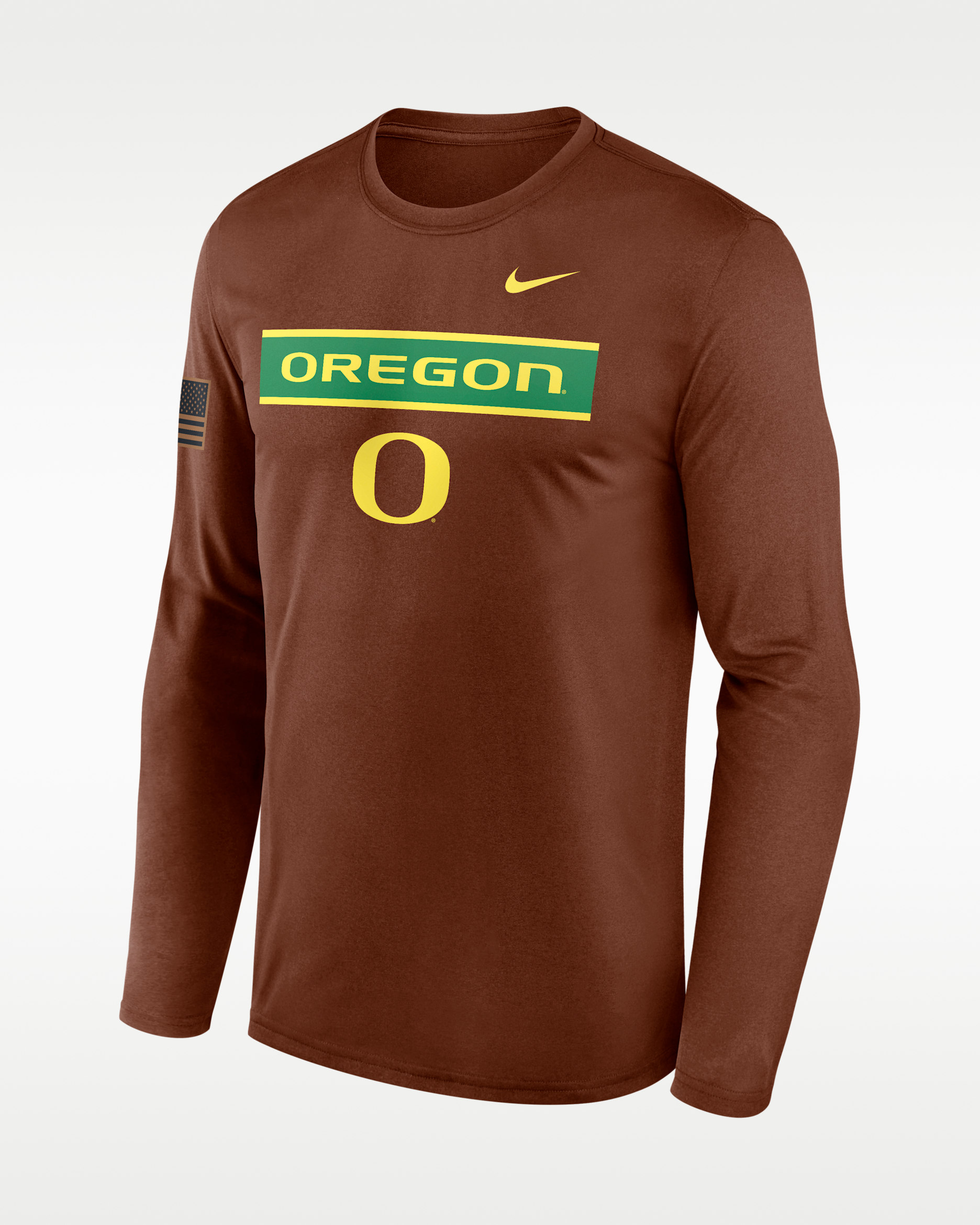 Playera de manga larga universitaria Nike Dri-FIT para hombre Oregon 2026 Military Appreciation Legend - Marrón
