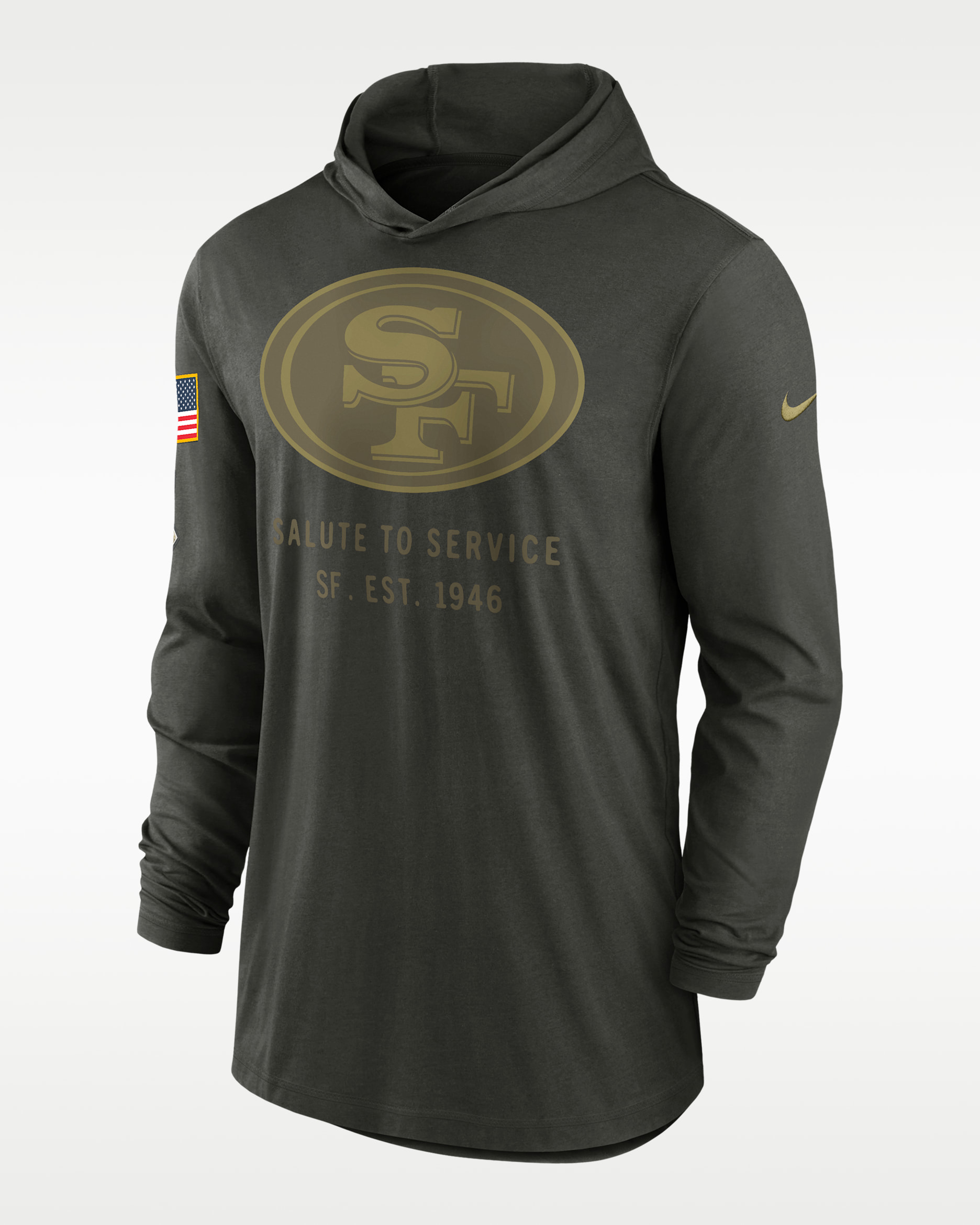 San Francisco 49ers Salute to Service Sideline Men’s Nike Dri-FIT NFL Long-Sleeve Hooded Top - Sequoia