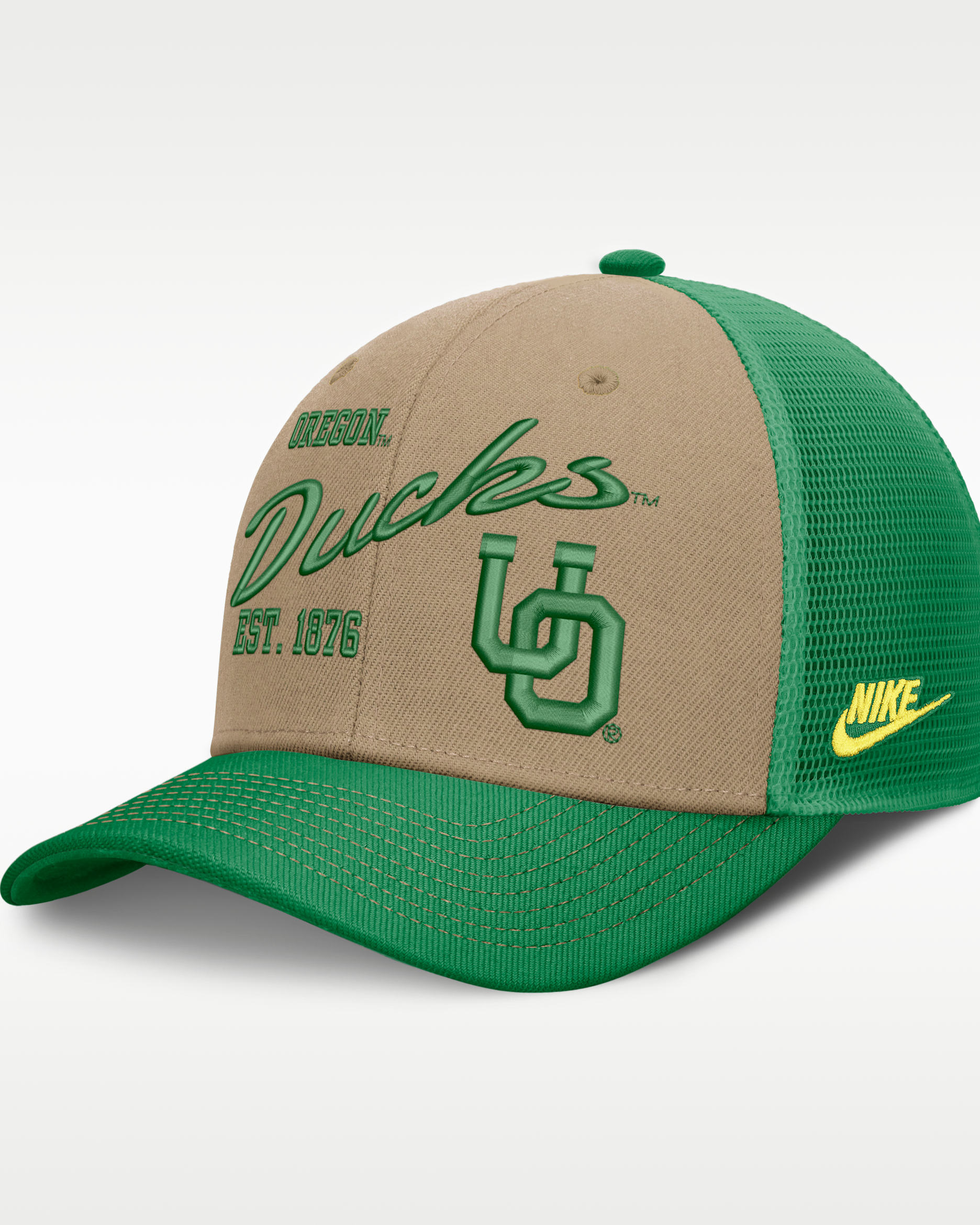 Oregon Legacy Rise Men's Nike Dri-FIT College Trucker Adjustable Hat - Classic Beige/Green