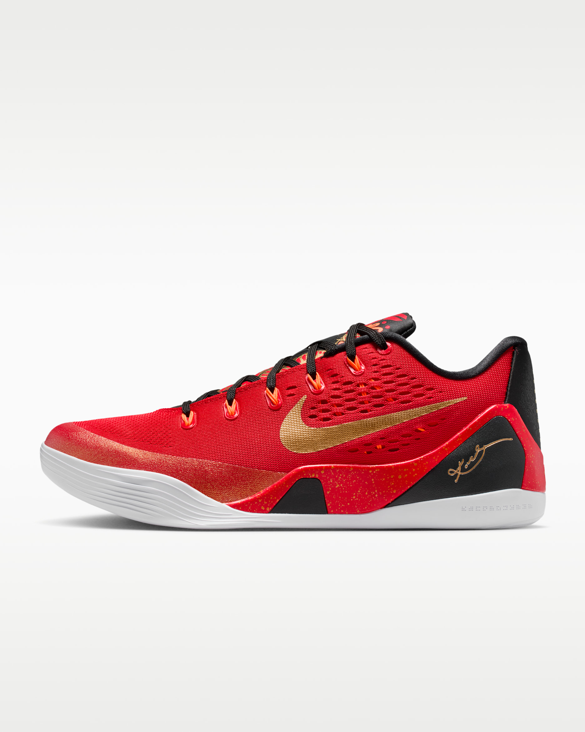 Tenis de básquetbol Kobe 9 Low - Rojo universitario/Negro/Oro metalizado