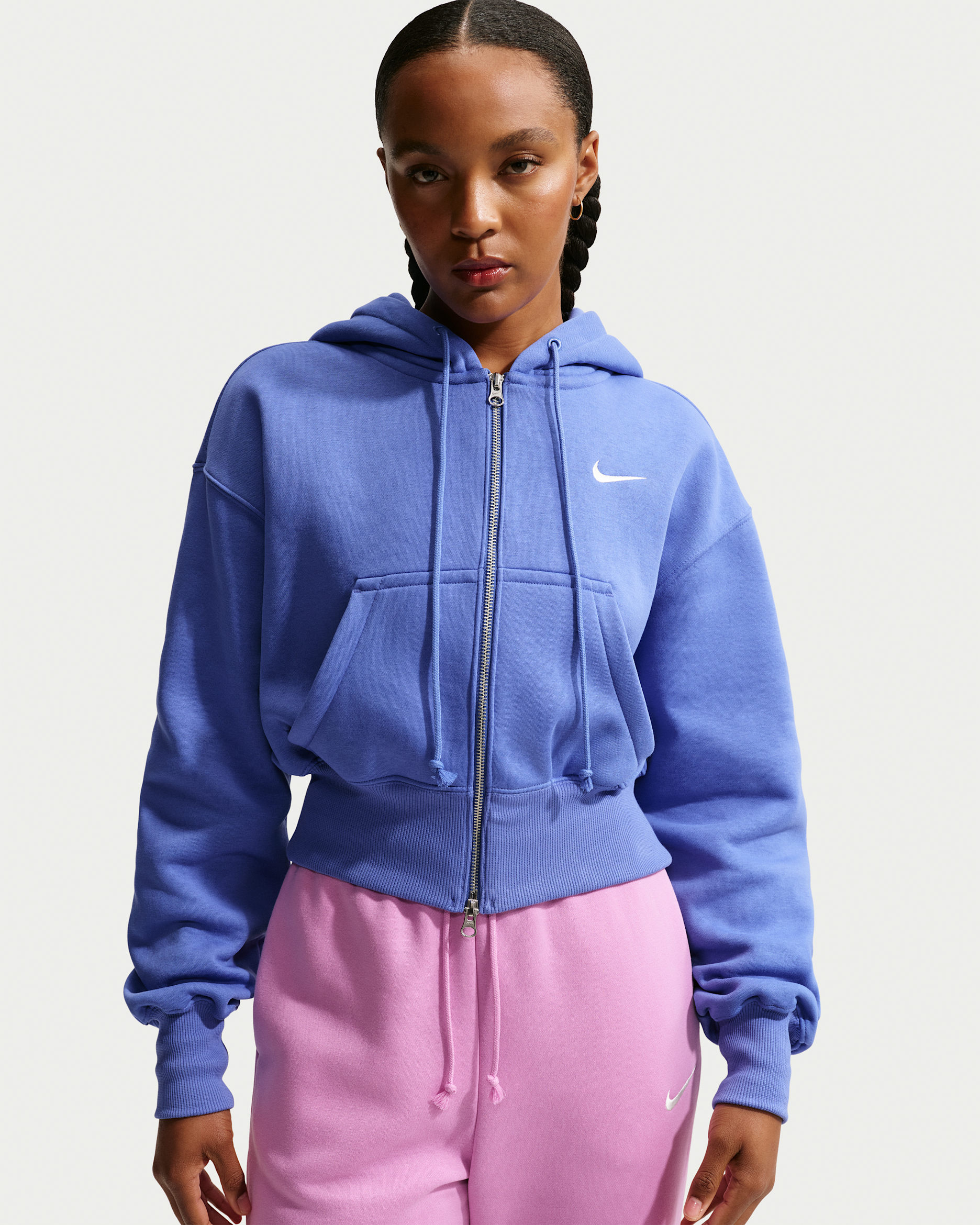 Sudadera con gorro holgada cropped con cierre completo para mujer Nike Sportswear Phoenix Fleece - Azul medio claro/Vela