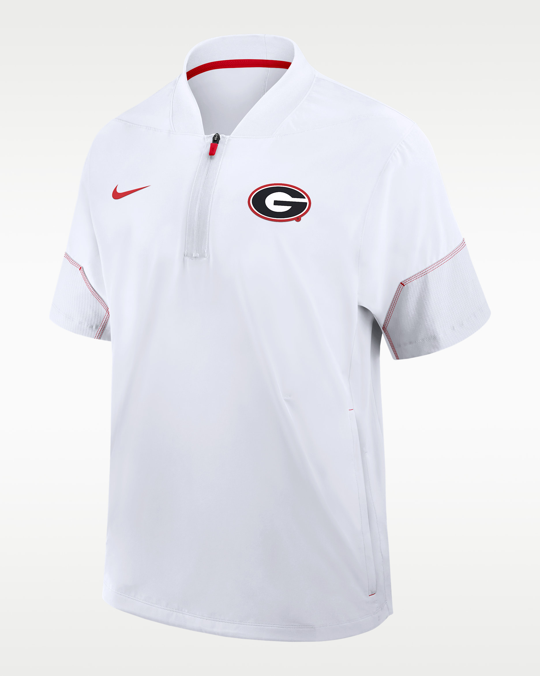 Georgia Sideline Coach Men's Nike College 1/2-Zip Short-Sleeve Hooded Jacket - White/University Red
