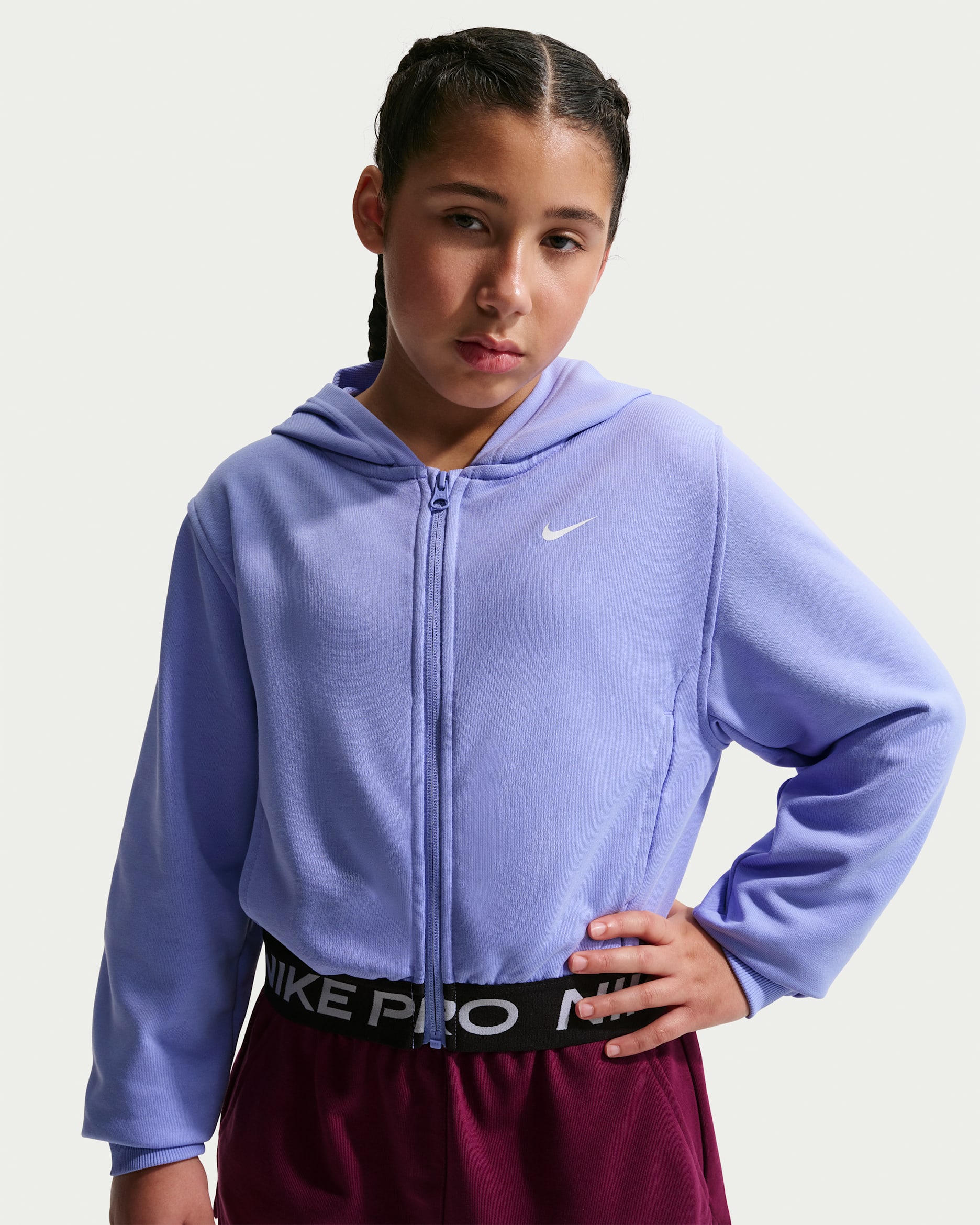 Nike Pro Fleece Big Kids' (Girls') Dri-FIT Full-Zip Hoodie - Light Thistle/Light Thistle/Black/White
