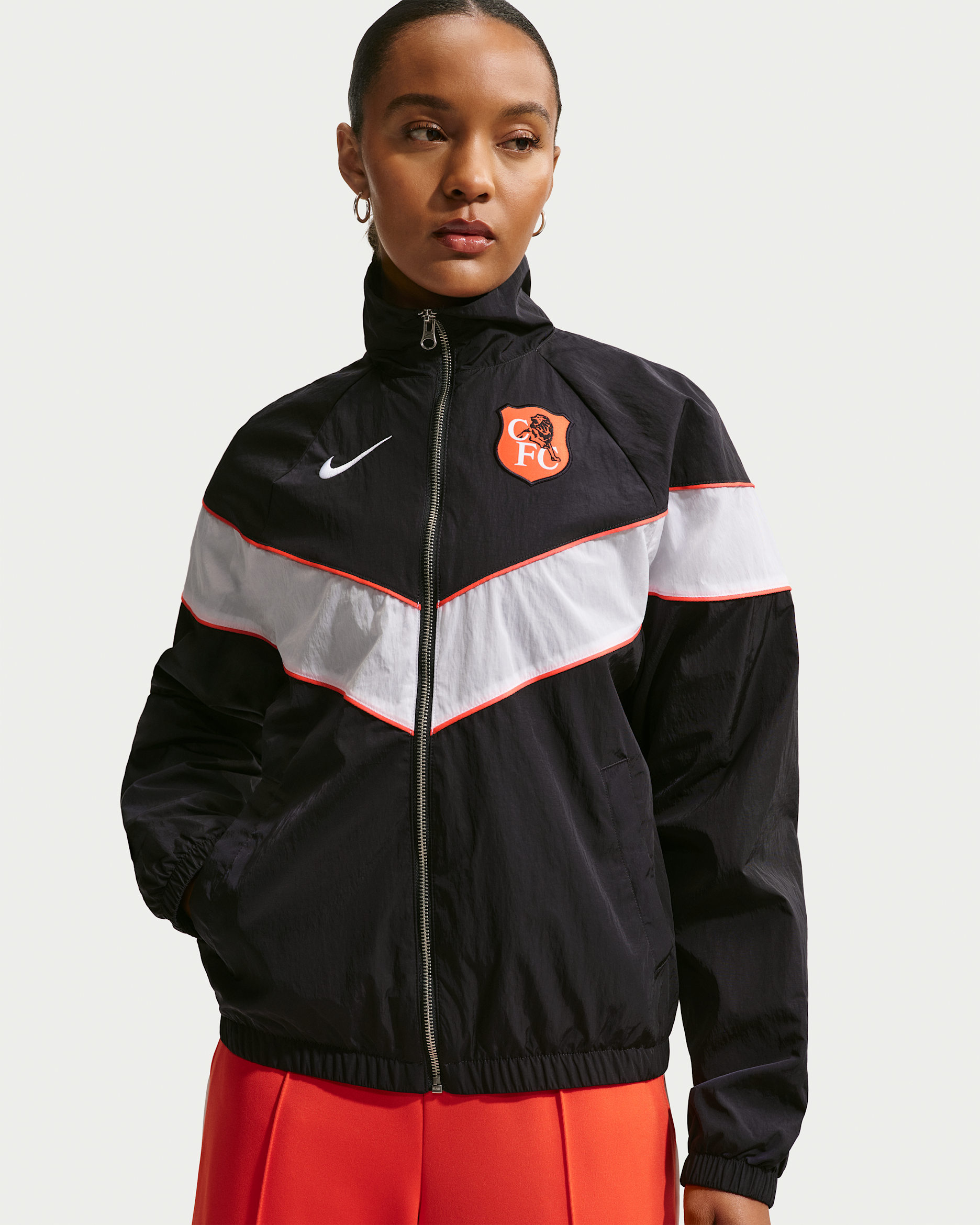 Chelsea FC Windrunner Nike Football UV vevd jakke med hel glidelås til dame - Pitch Blue/Hvit/Turf Orange/Hvit