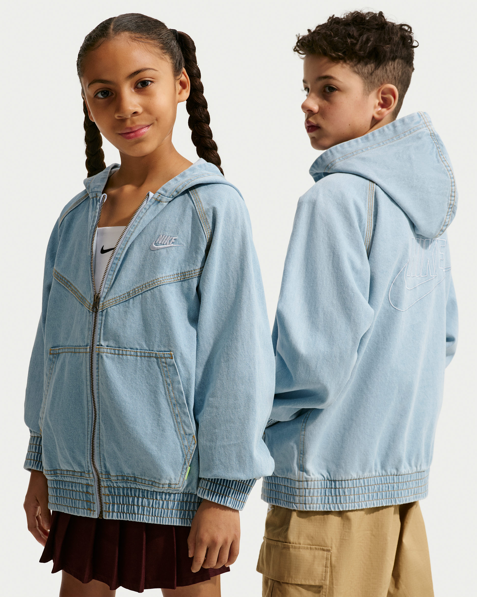 Nike Sportswear Collection Older Kids' Full-Zip Hooded Denim Jacket - Light Armoury Blue/Light Armoury Blue/Wheat/Light Armoury Blue